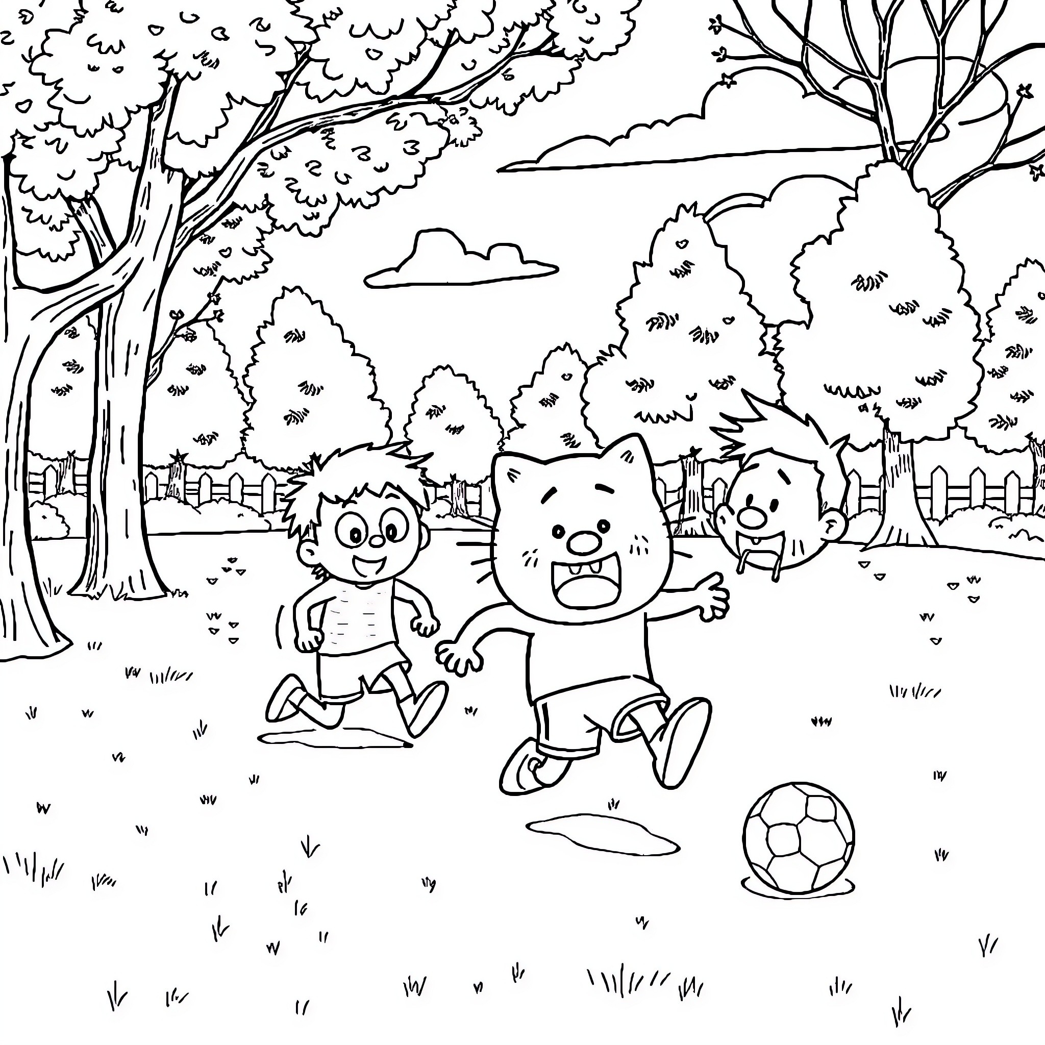 Gumball characters playing in the park Coloring Page (free black-and-white line drawing printable PDF for all, from beginners to advanced learners, including children, teens, adults, and seniors)