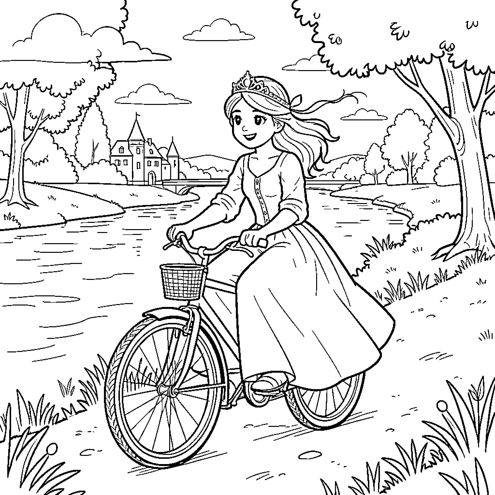 Princess riding a bicycle through a scenic landscape Coloring Page (free black-and-white line drawing printable PDF for all, from beginners to advanced learners, including children, teens, adults, and seniors)
