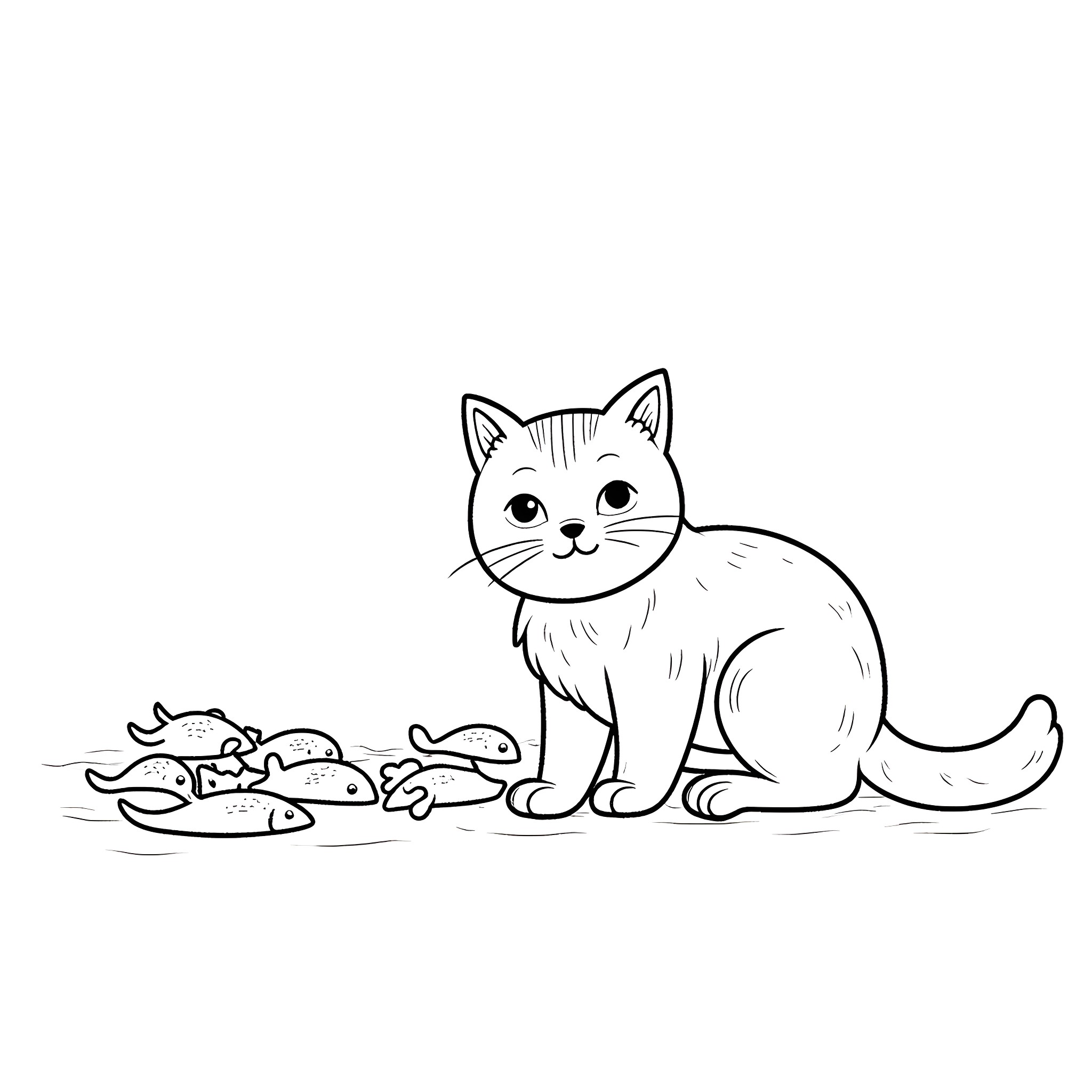 Cat admiring an assortment of fish Coloring Page (free black-and-white line drawing printable PDF for all, from beginners to advanced learners, including children, teens, adults, and seniors)