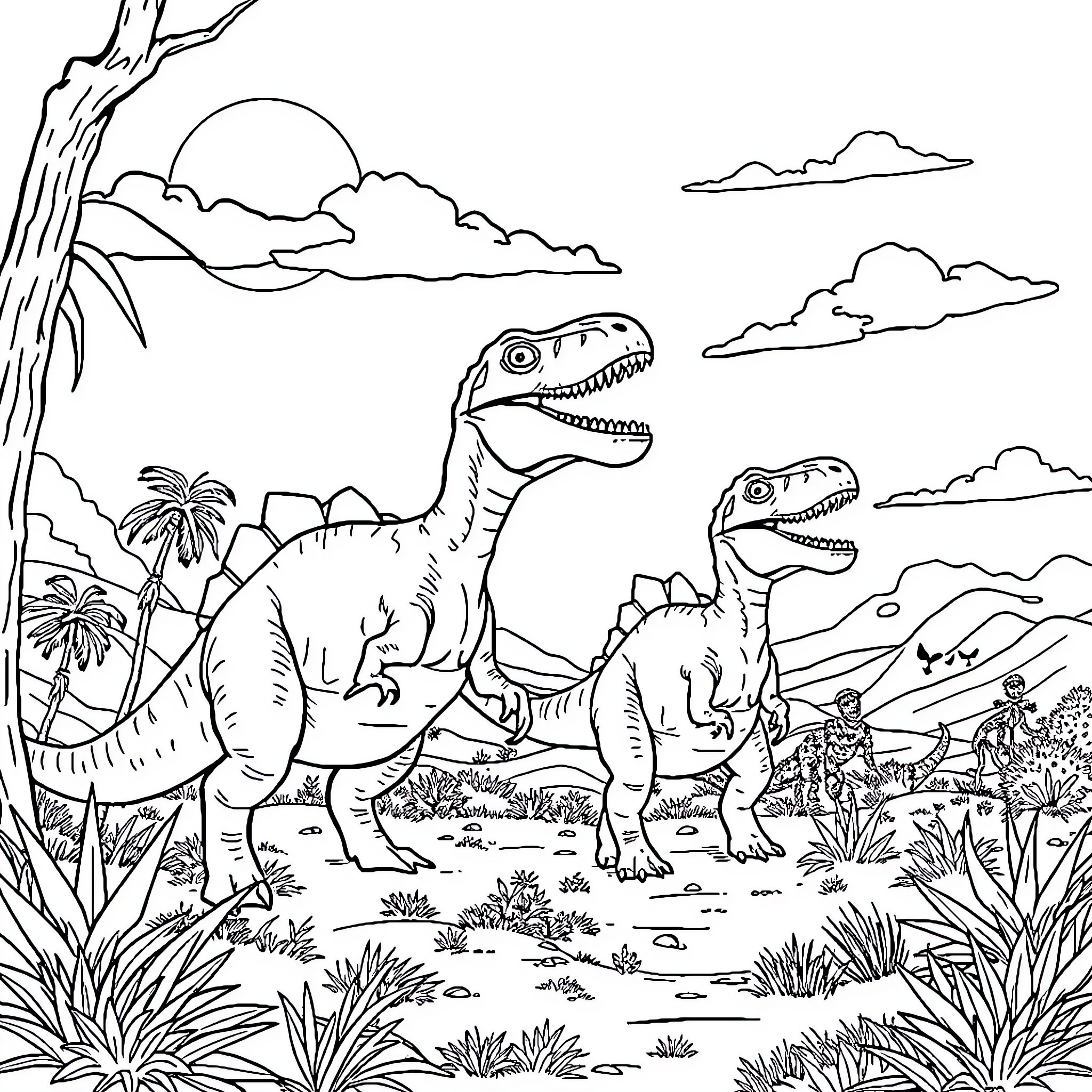 Dinosaurs roaming through a prehistoric landscape Coloring Page (free black-and-white line drawing printable PDF for all, from beginners to advanced learners, including children, teens, adults, and seniors)