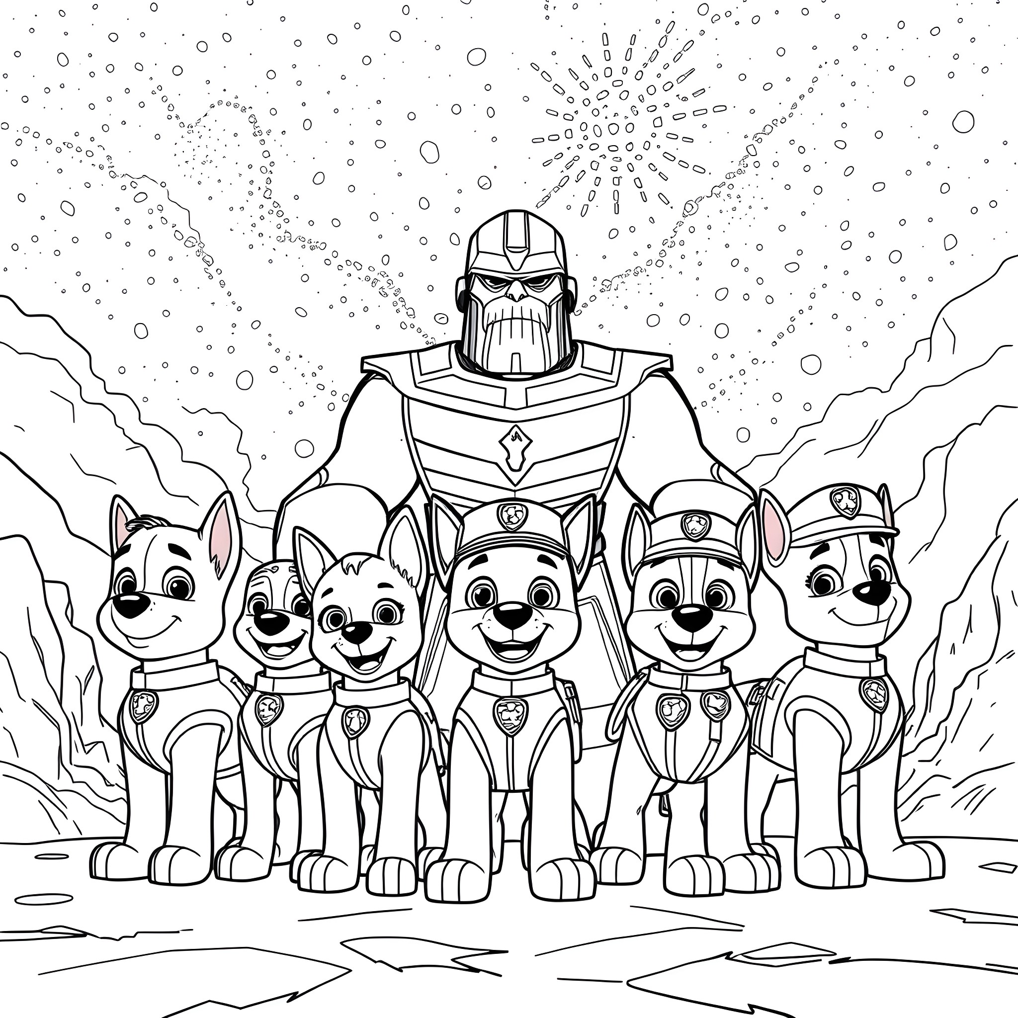 Paw Patrol team facing a powerful villain Coloring Page (free black-and-white line drawing printable PDF for all, from beginners to advanced learners, including children, teens, adults, and seniors)