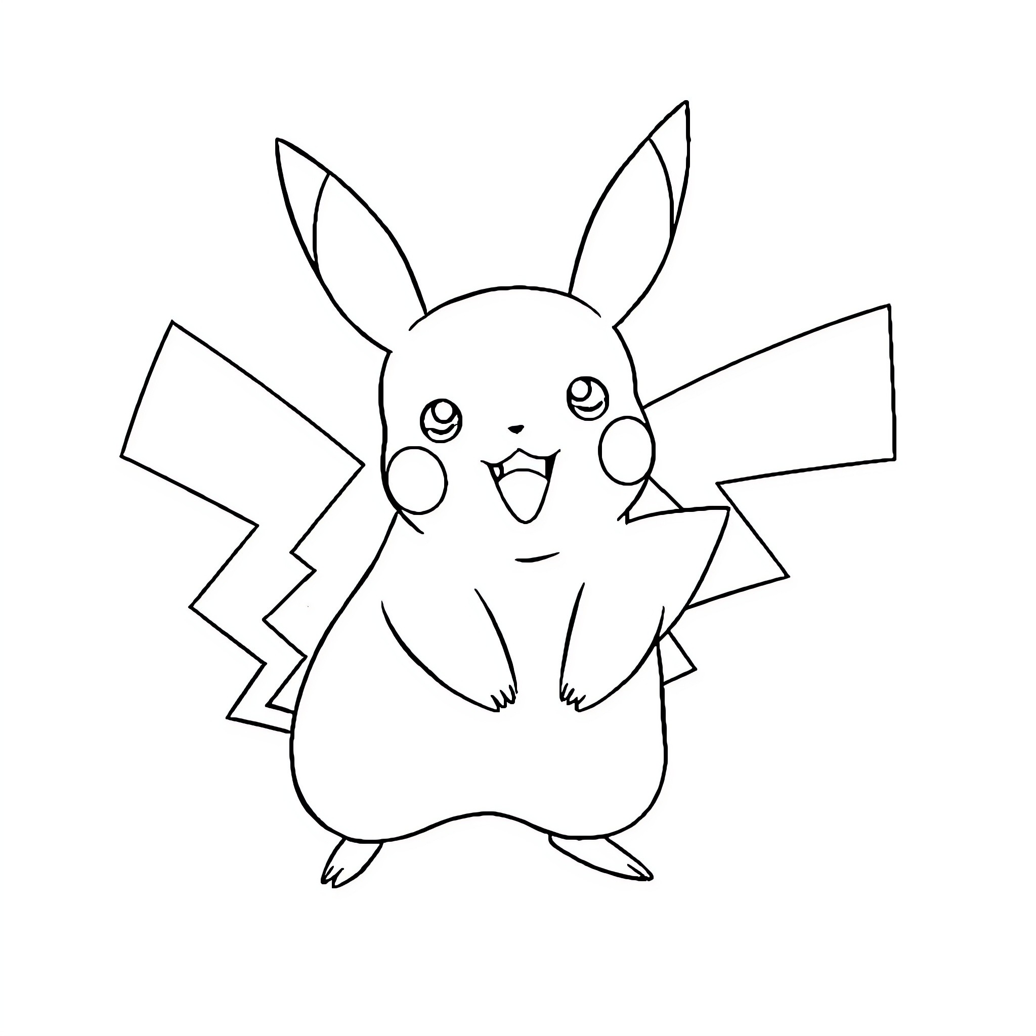 Pikachu's Cheerful Expression Coloring Page (free black-and-white line drawing printable PDF for all, from beginners to advanced learners, including children, teens, adults, and seniors)