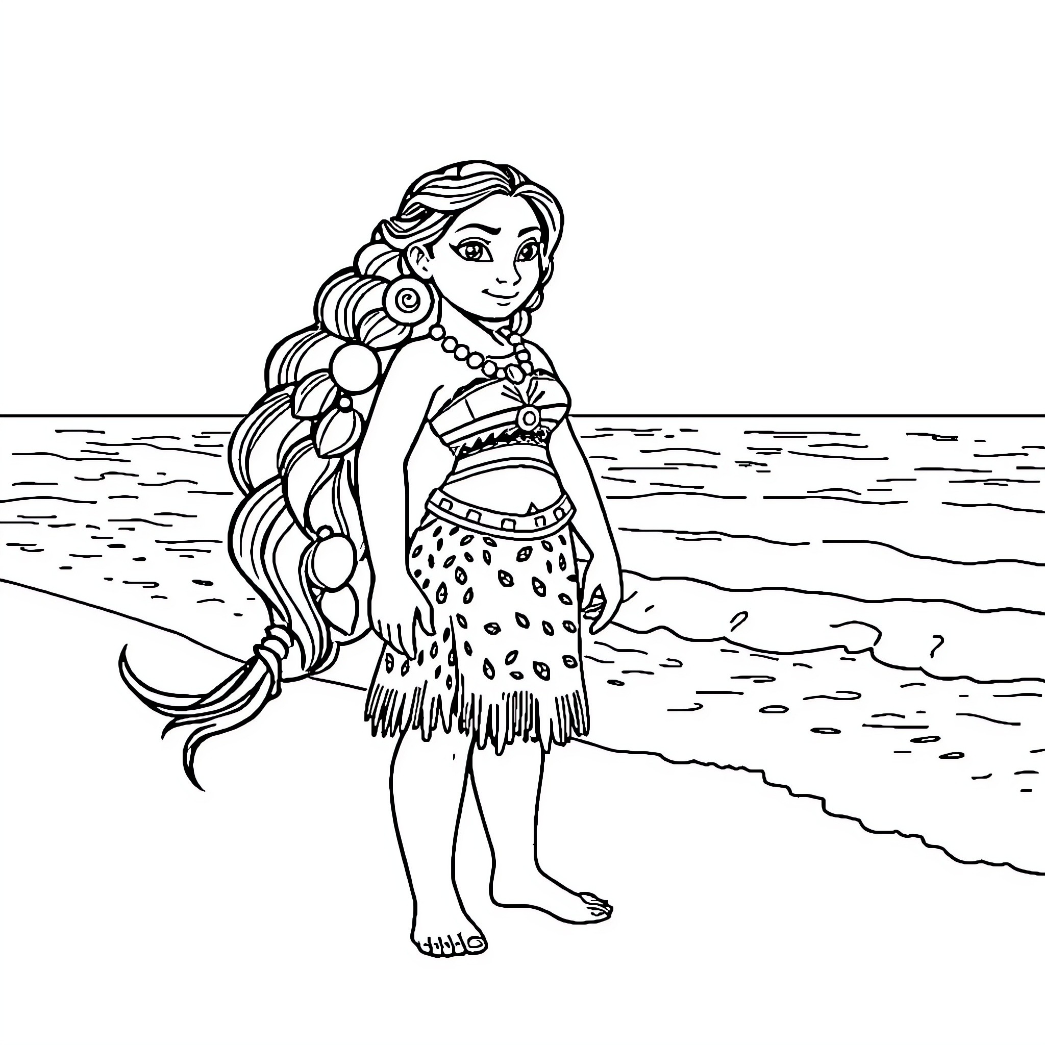 Moana exploring the beach in traditional attire Coloring Page (free black-and-white line drawing printable PDF for all, from beginners to advanced learners, including children, teens, adults, and seniors)