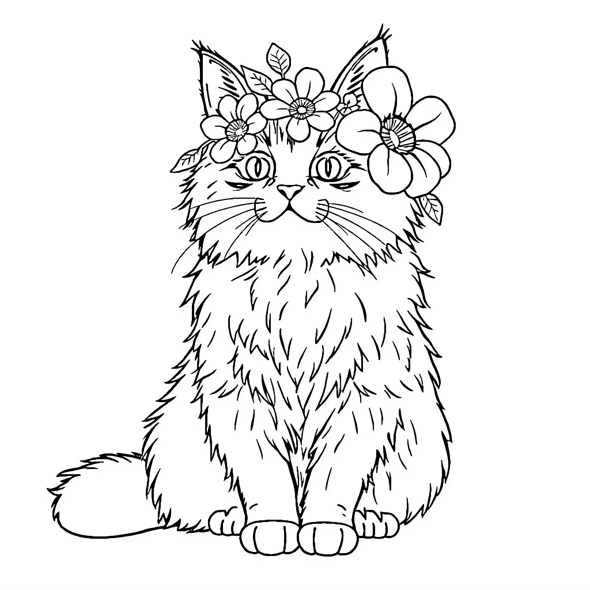 Cat with floral crown sitting peacefully Coloring Page (free black-and-white line drawing printable PDF for all, from beginners to advanced learners, including children, teens, adults, and seniors)
