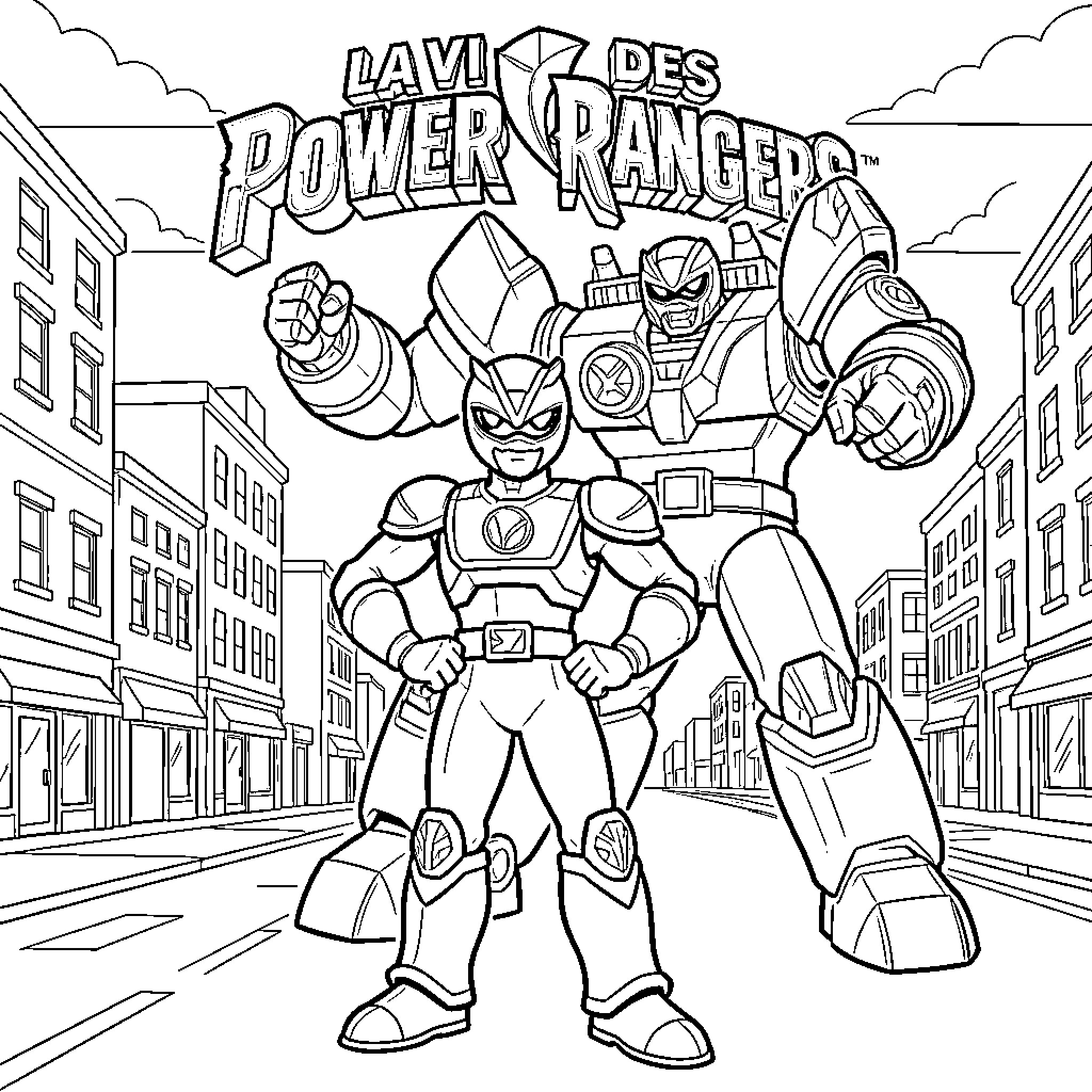 Power Ranger standing heroically in a city street Coloring Page (free black-and-white line drawing printable PDF for all, from beginners to advanced learners, including children, teens, adults, and seniors)