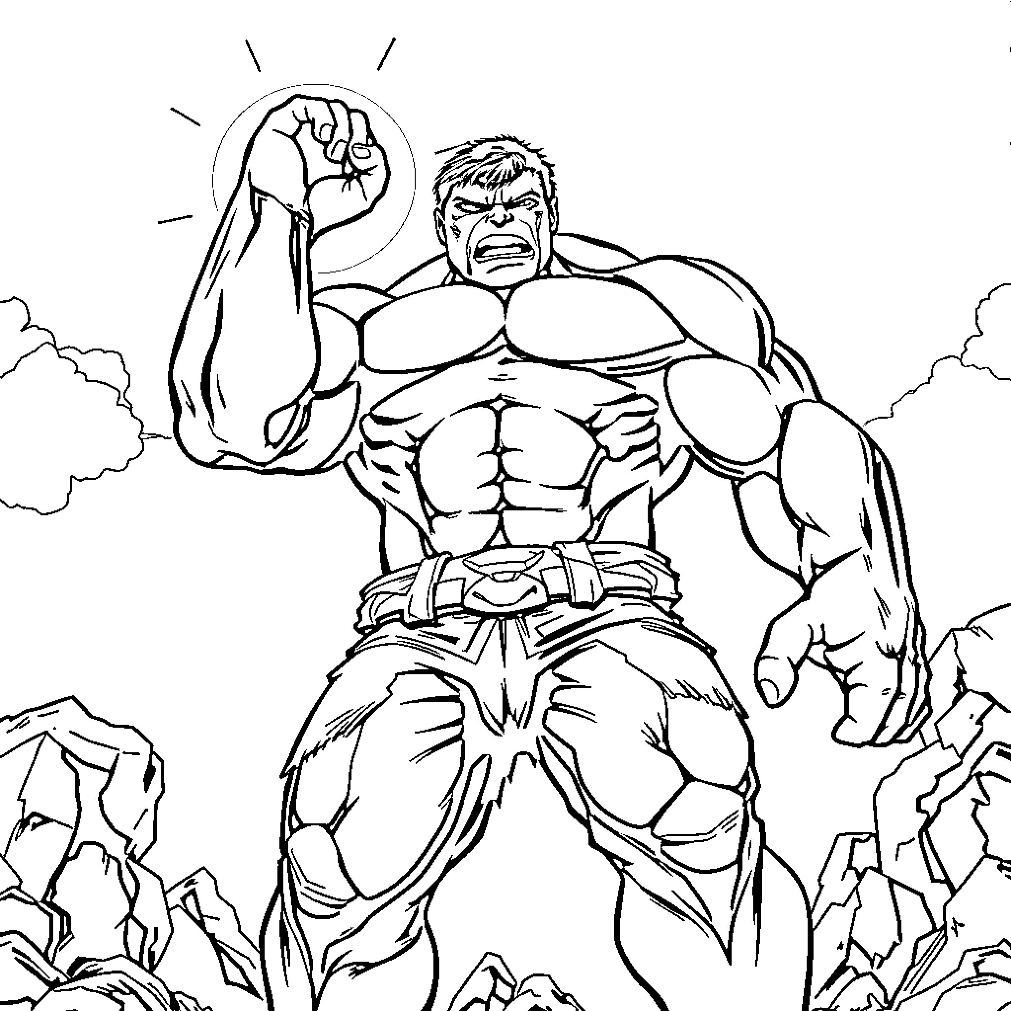 Hulk showcasing his immense strength and power Coloring Page (free black-and-white line drawing printable PDF for all, from beginners to advanced learners, including children, teens, adults, and seniors)