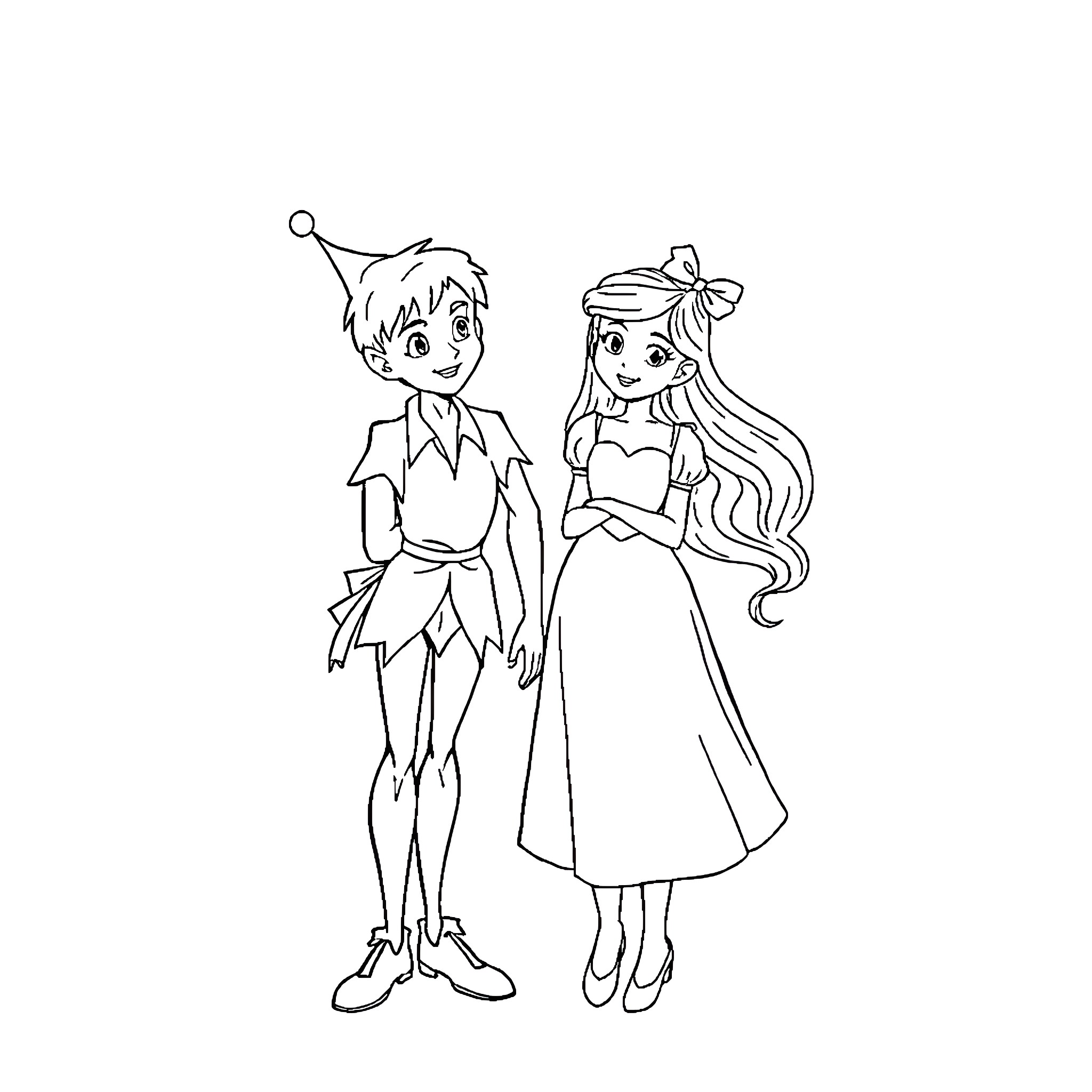 Peter Pan and Wendy in cartoon adventure Coloring Page (free black-and-white line drawing printable PDF for all, from beginners to advanced learners, including children, teens, adults, and seniors)