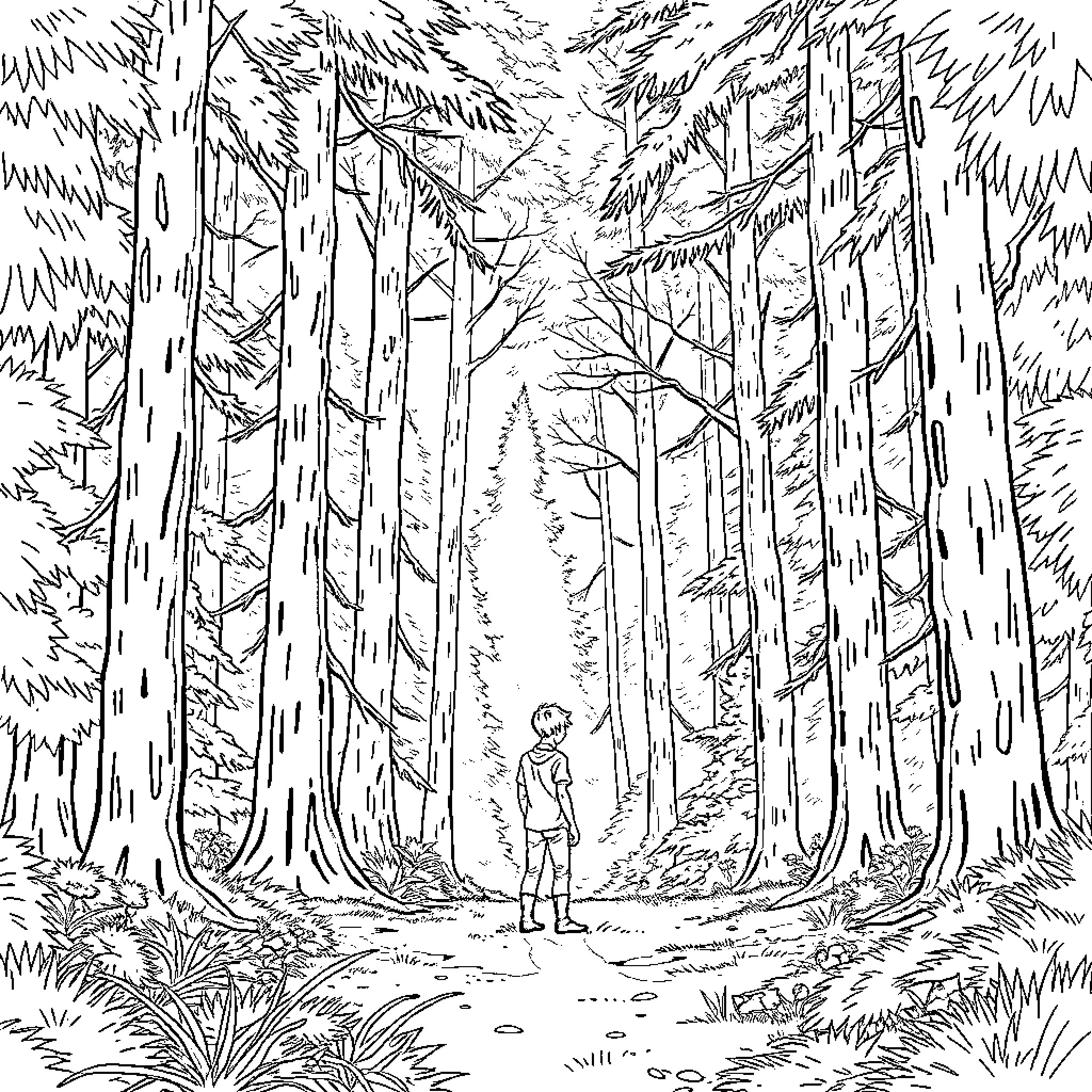 Eleven ambles through the tranquil forest path Coloring Page (free black-and-white line drawing printable PDF for all, from beginners to advanced learners, including children, teens, adults, and seniors)