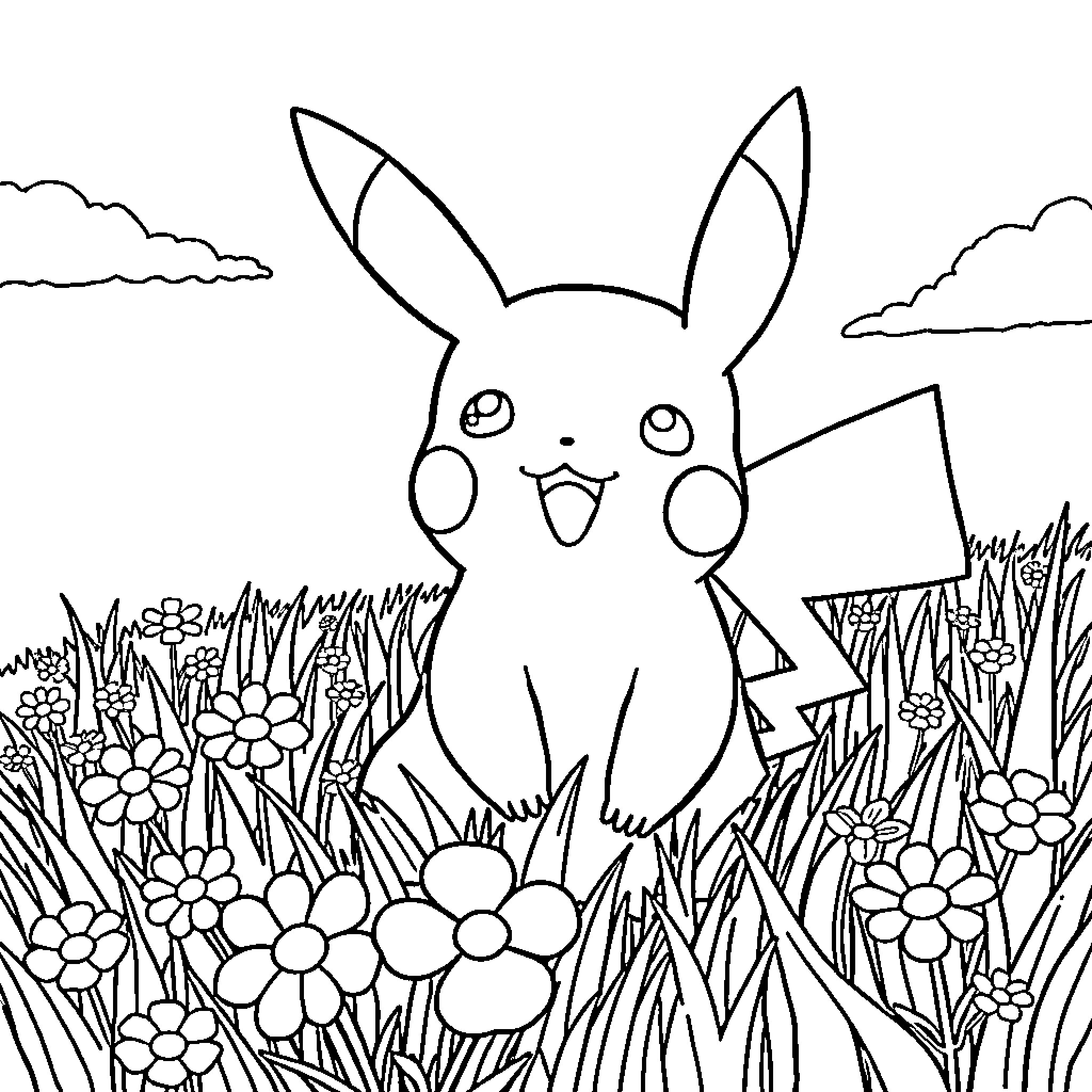 Pikachu enjoying a springtime meadow Coloring Page (free black-and-white line drawing printable PDF for all, from beginners to advanced learners, including children, teens, adults, and seniors)