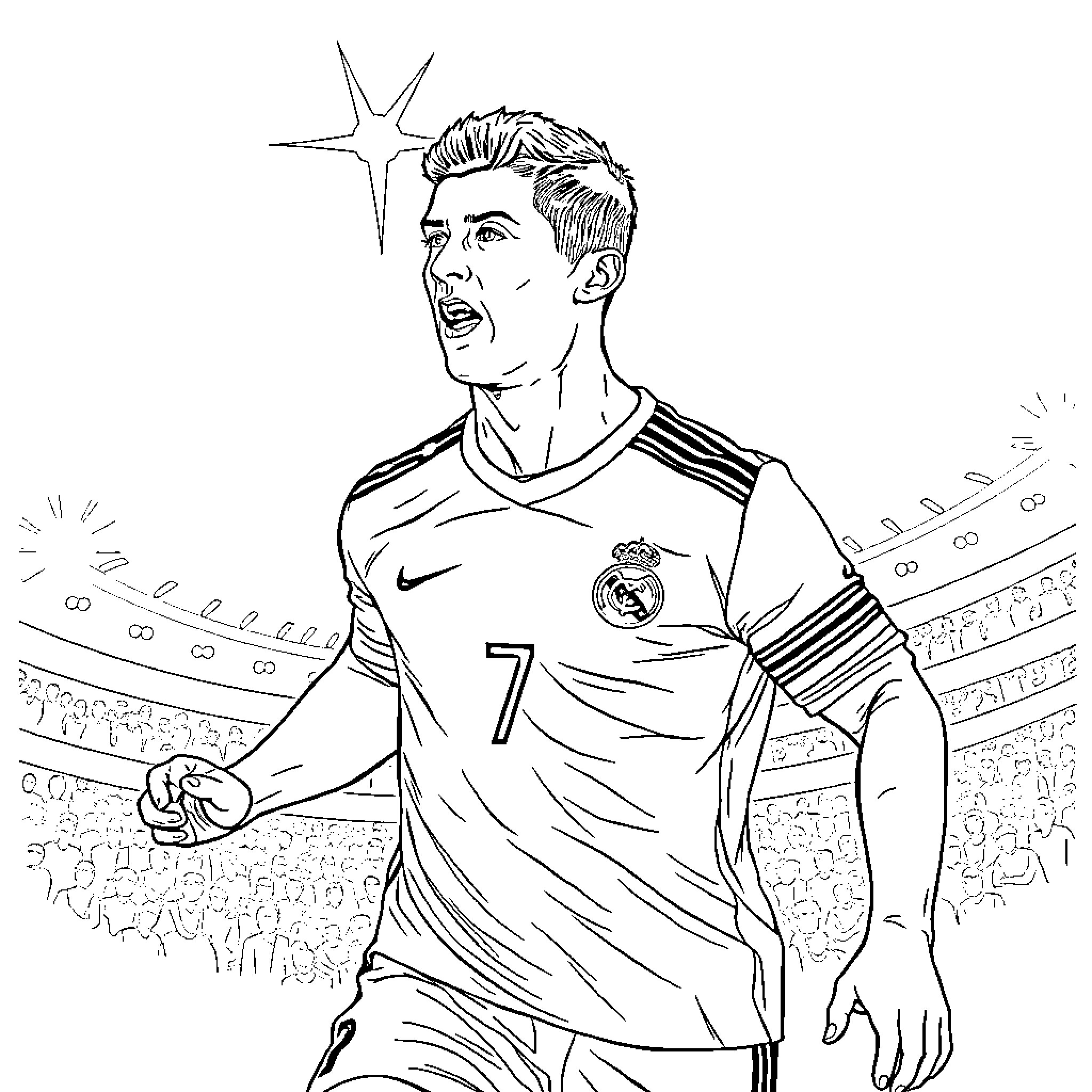Cristiano Ronaldo in Victory Celebration on Soccer Field Coloring Page (free black-and-white line drawing printable PDF for all, from beginners to advanced learners, including children, teens, adults, and seniors)