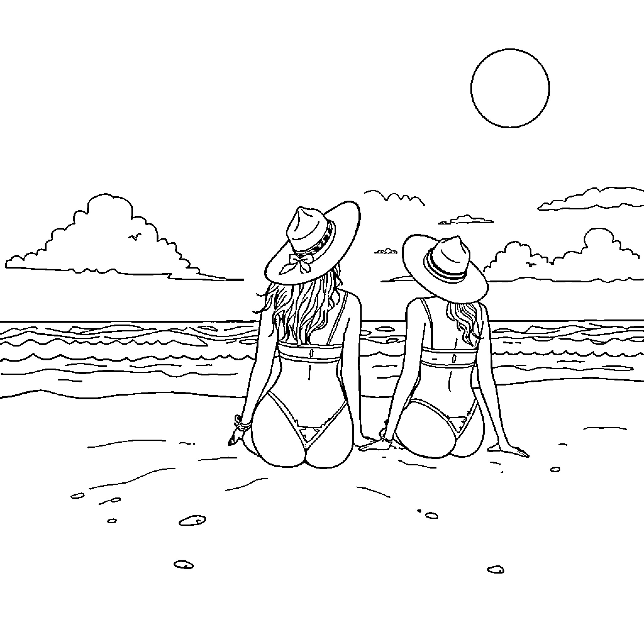 Women relaxing on the beach in summer Coloring Page (free black-and-white line drawing printable PDF for all, from beginners to advanced learners, including children, teens, adults, and seniors)