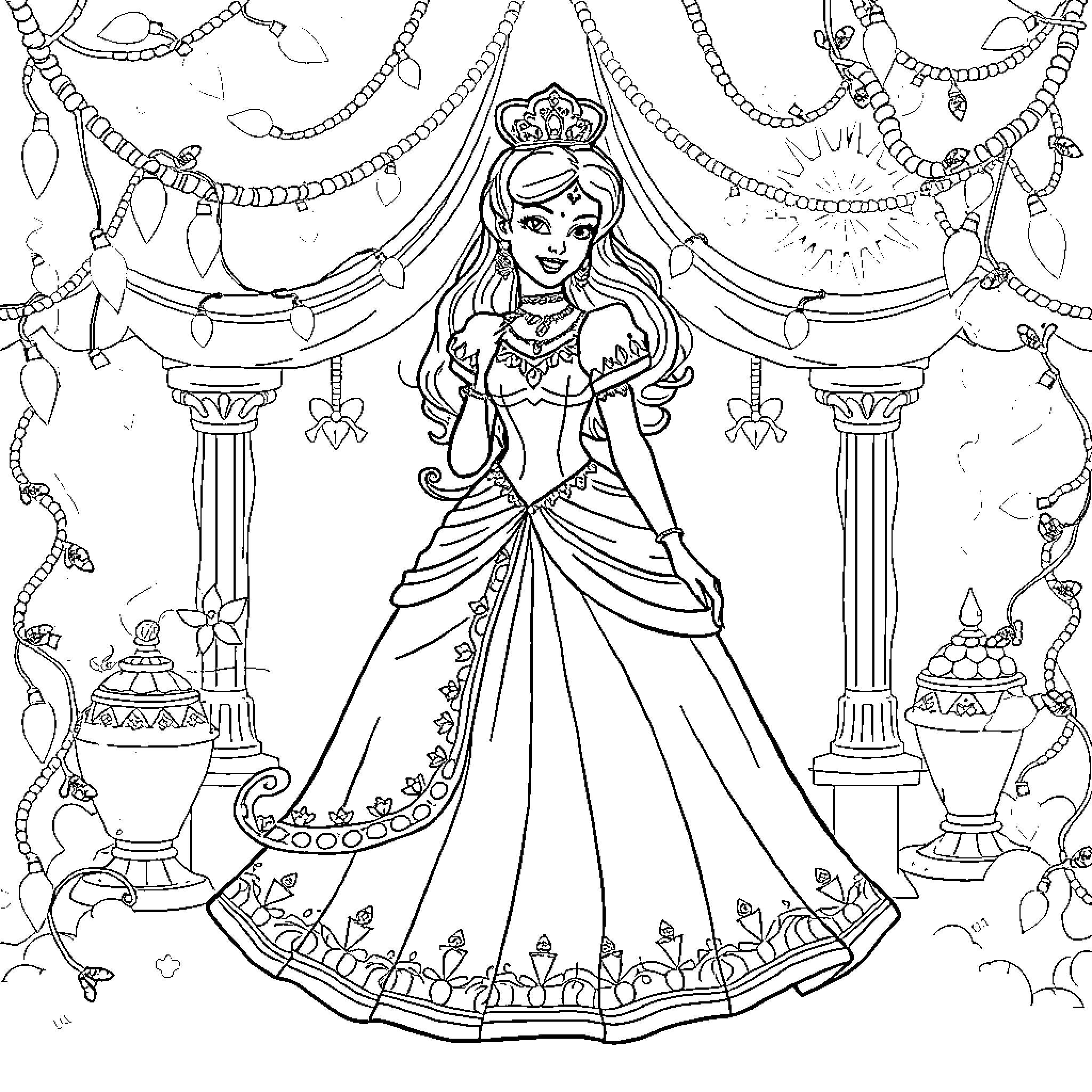 Cinderella in her stunning royal gown Coloring Page (free black-and-white line drawing printable PDF for all, from beginners to advanced learners, including children, teens, adults, and seniors)