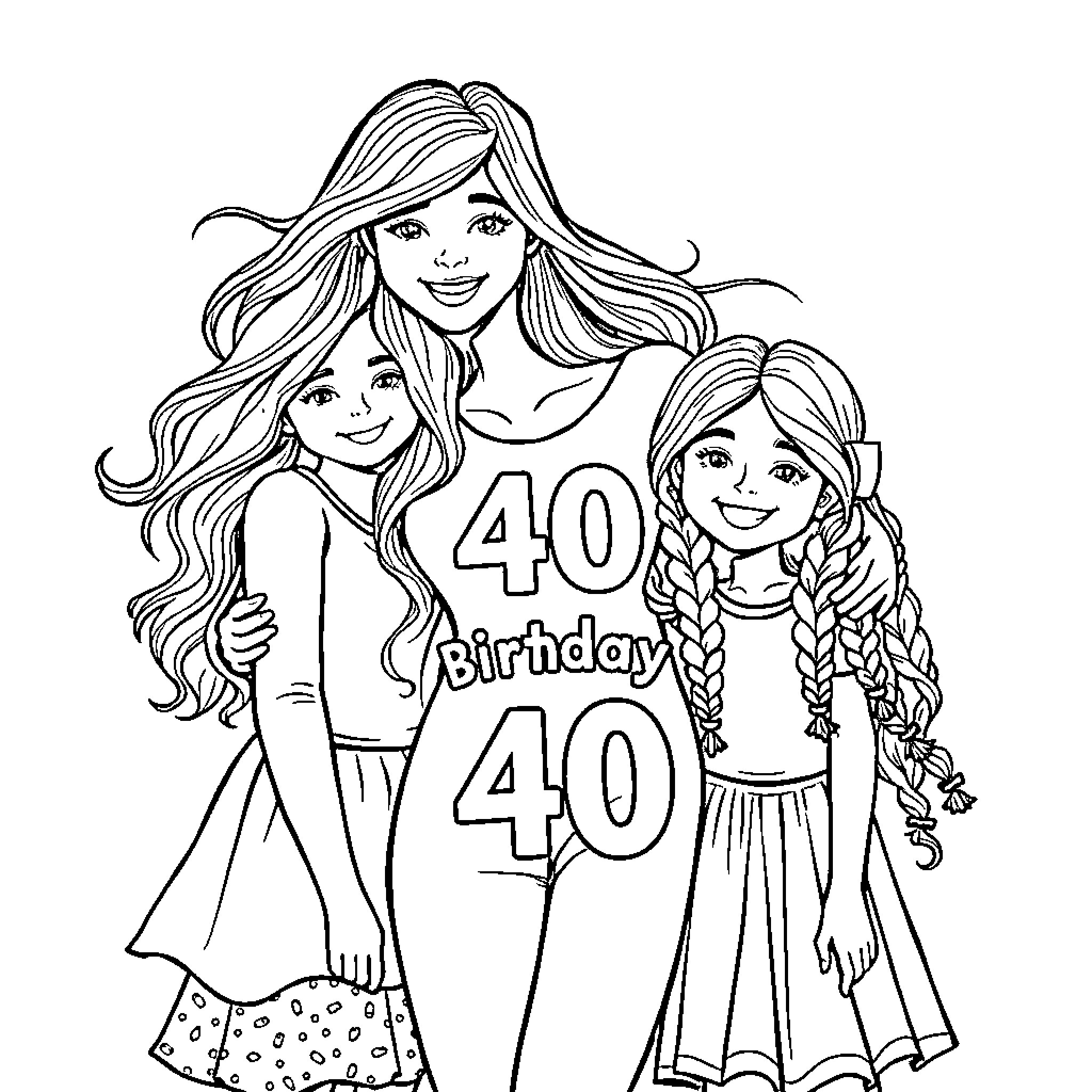 Mom and daughters celebrating 40th birthday Coloring Page (free black-and-white line drawing printable PDF for all, from beginners to advanced learners, including children, teens, adults, and seniors)
