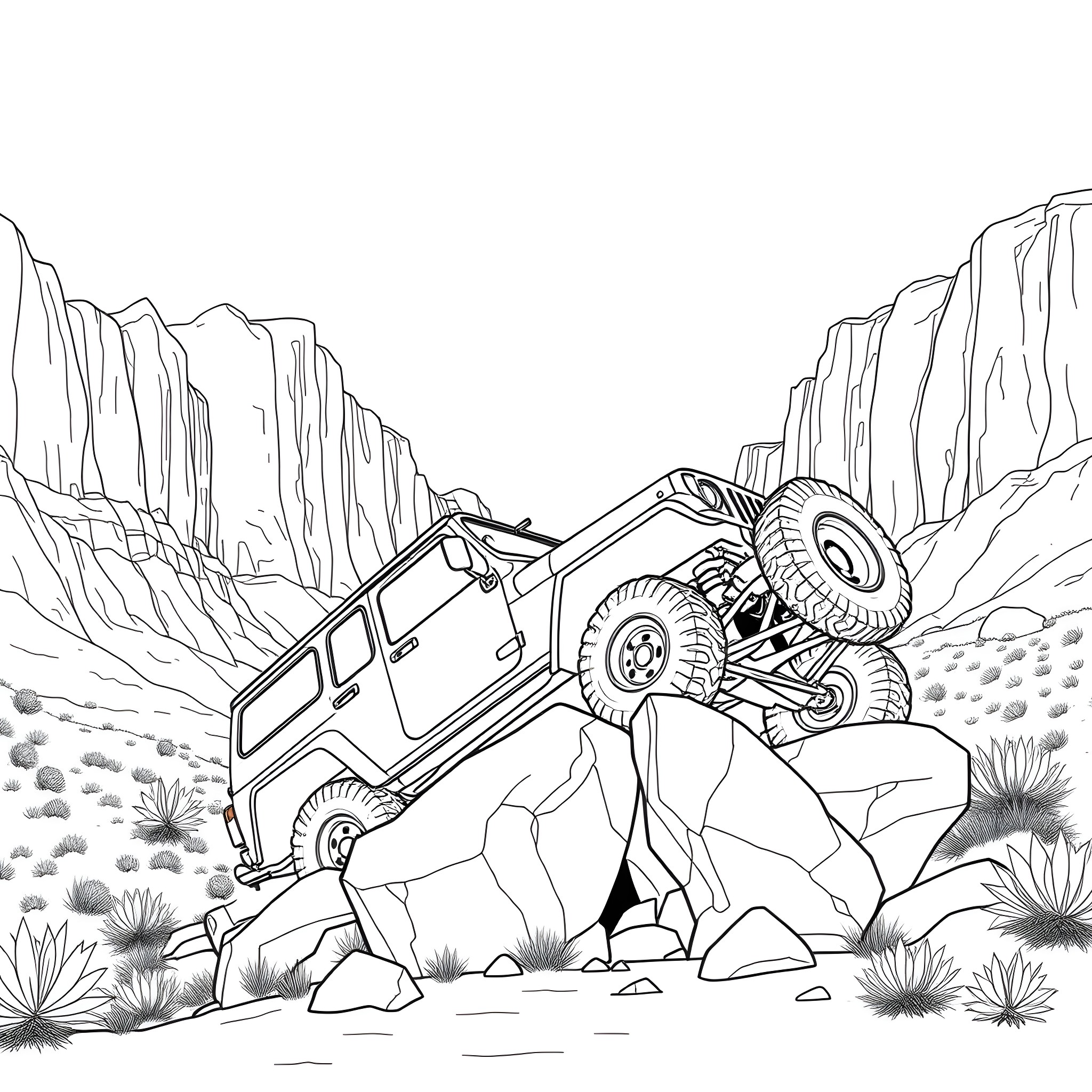 CJ6 Jeep Climbing Rocky Terrain Coloring Page (free black-and-white line drawing printable PDF for all, from beginners to advanced learners, including children, teens, adults, and seniors)