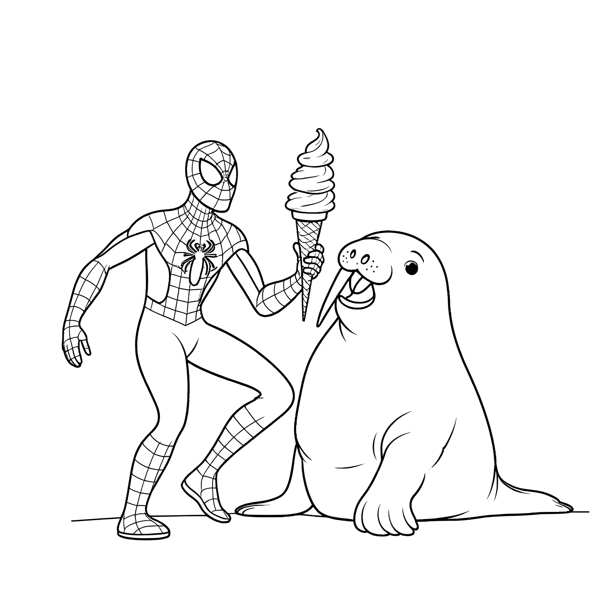 Spiderman enjoys ice cream with a seal Coloring Page (free black-and-white line drawing printable PDF for all, from beginners to advanced learners, including children, teens, adults, and seniors)