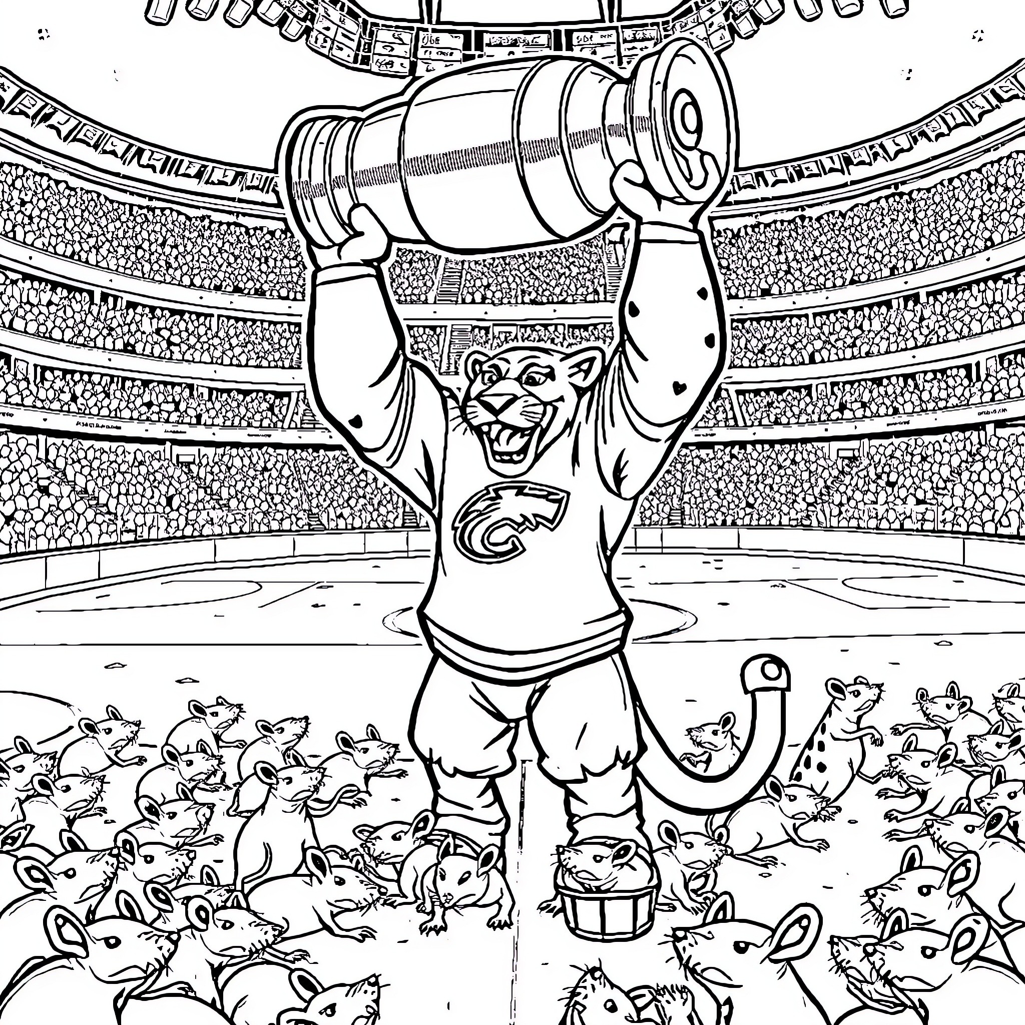 Stanley Panther Celebrates with Fans in Stadium Coloring Page (free black-and-white line drawing printable PDF for all, from beginners to advanced learners, including children, teens, adults, and seniors)