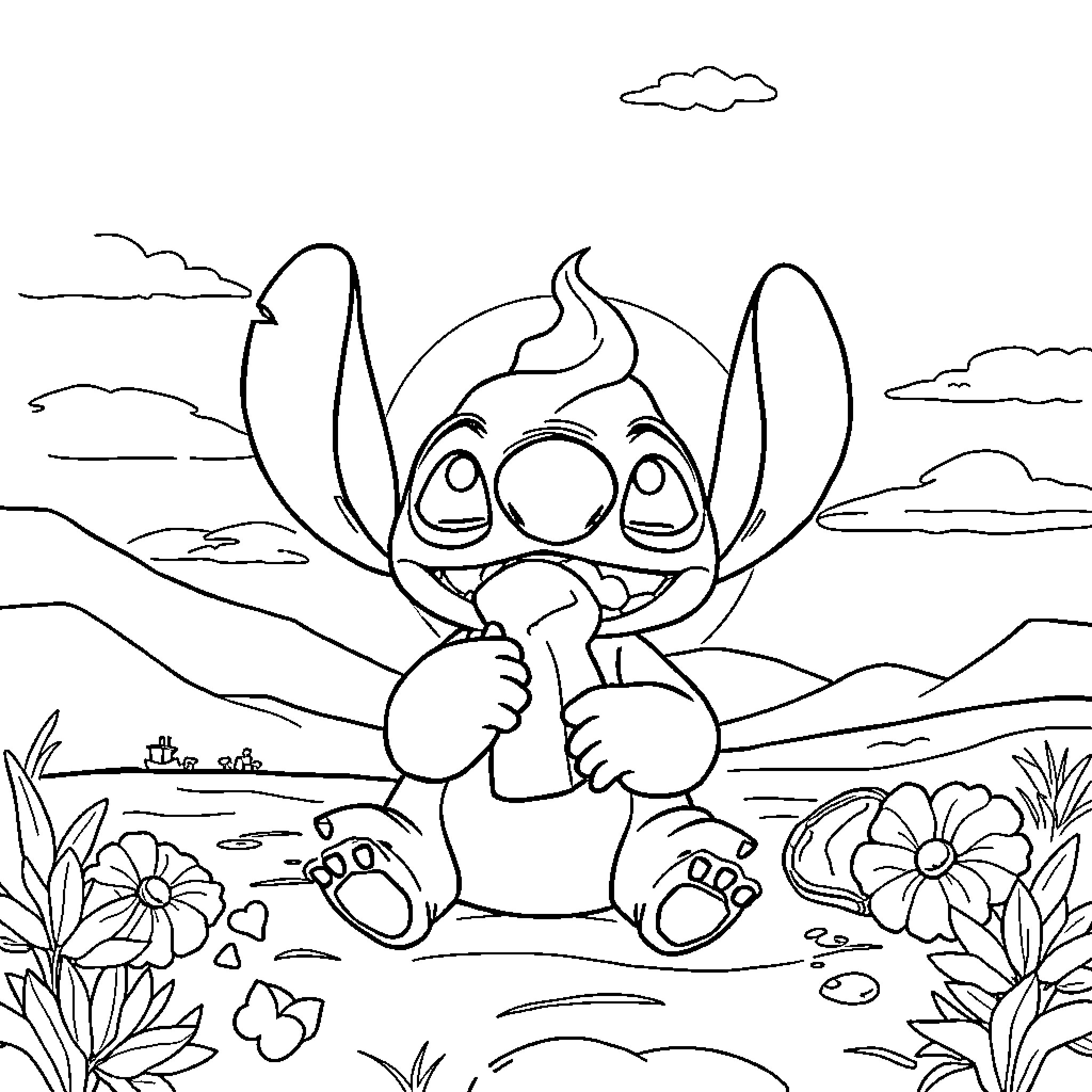 Stitch enjoying a peaceful nature scene Coloring Page (free black-and-white line drawing printable PDF for all, from beginners to advanced learners, including children, teens, adults, and seniors)