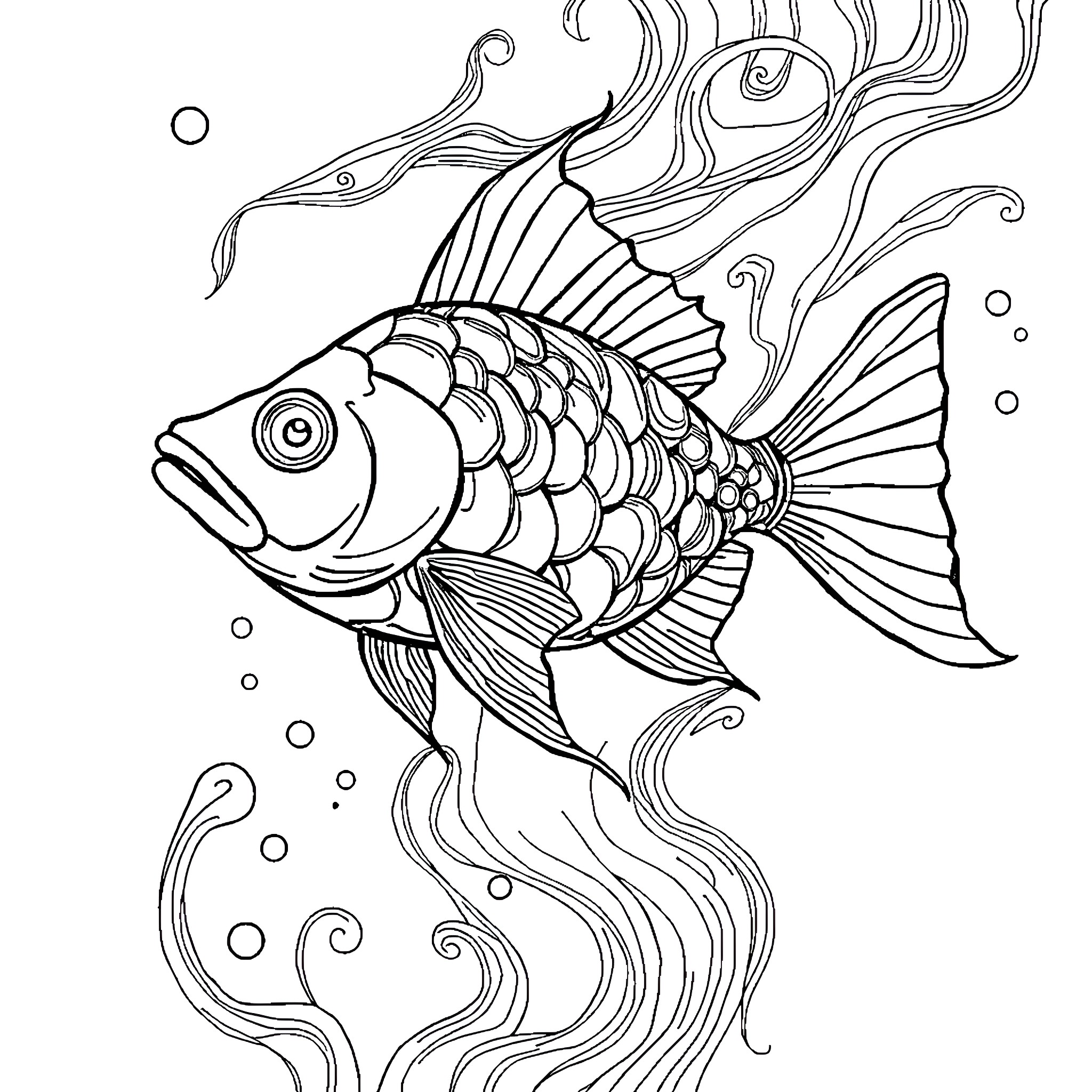 Fish with elaborate fins swimming amidst flowing waves Coloring Page (free black-and-white line drawing printable PDF for all, from beginners to advanced learners, including children, teens, adults, and seniors)