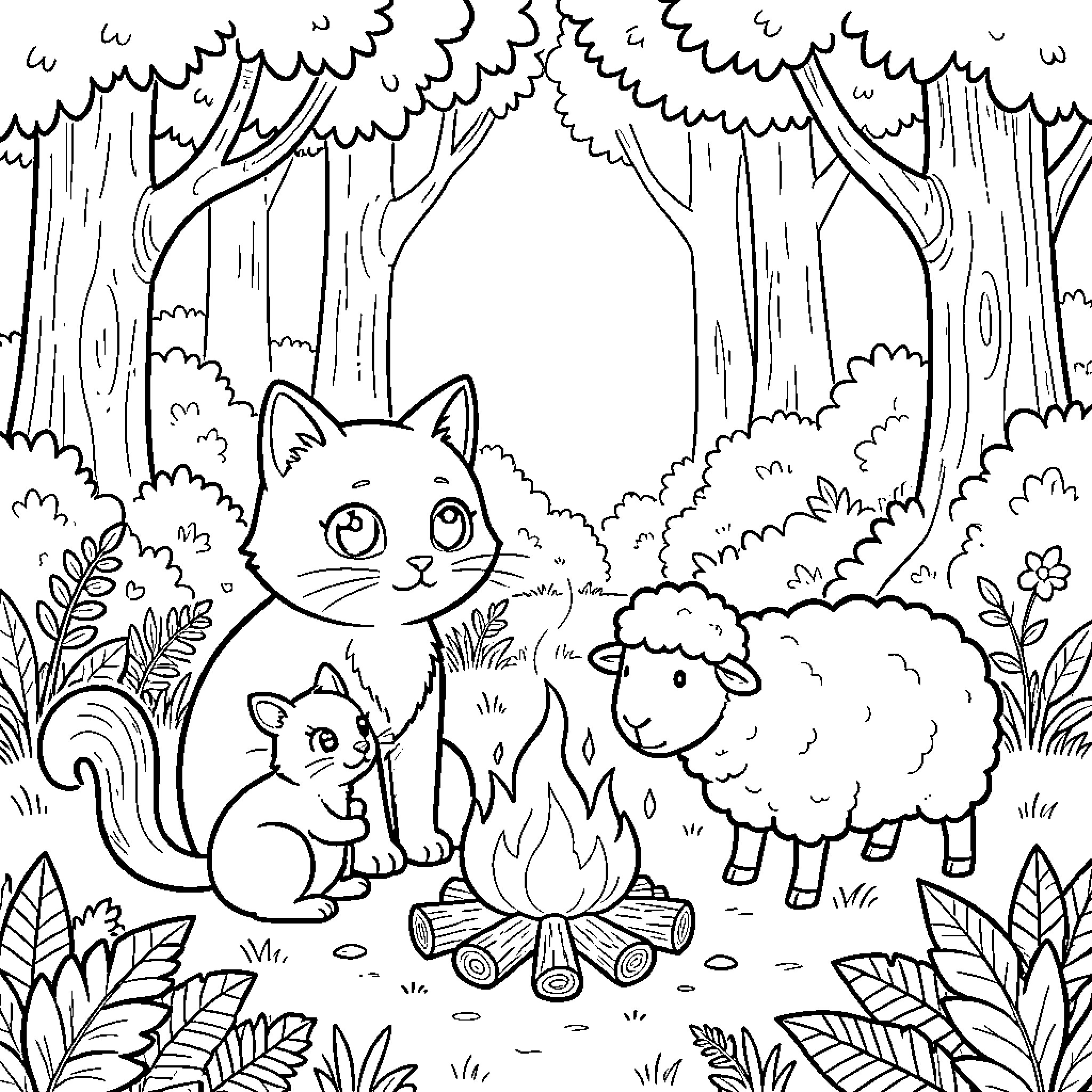 Cat and Sheep Enjoying Campfire in Forest Coloring Page (free black-and-white line drawing printable PDF for all, from beginners to advanced learners, including children, teens, adults, and seniors)