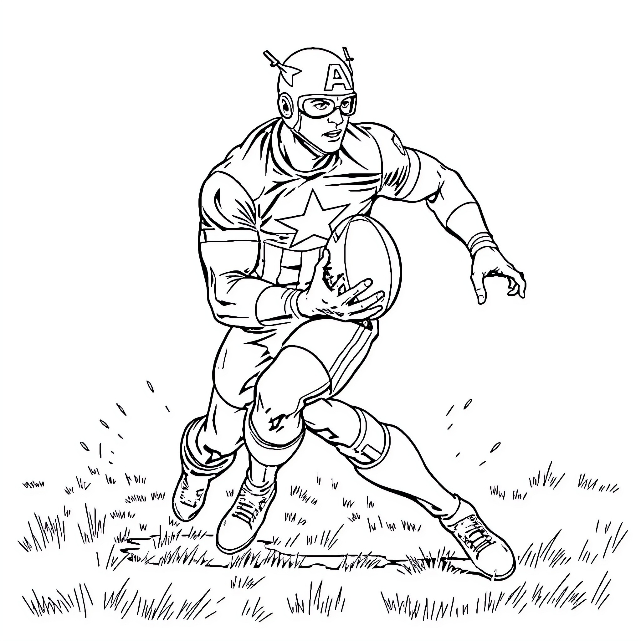 Captain America Running in Action Pose Coloring Page (free black-and-white line drawing printable PDF for all, from beginners to advanced learners, including children, teens, adults, and seniors)