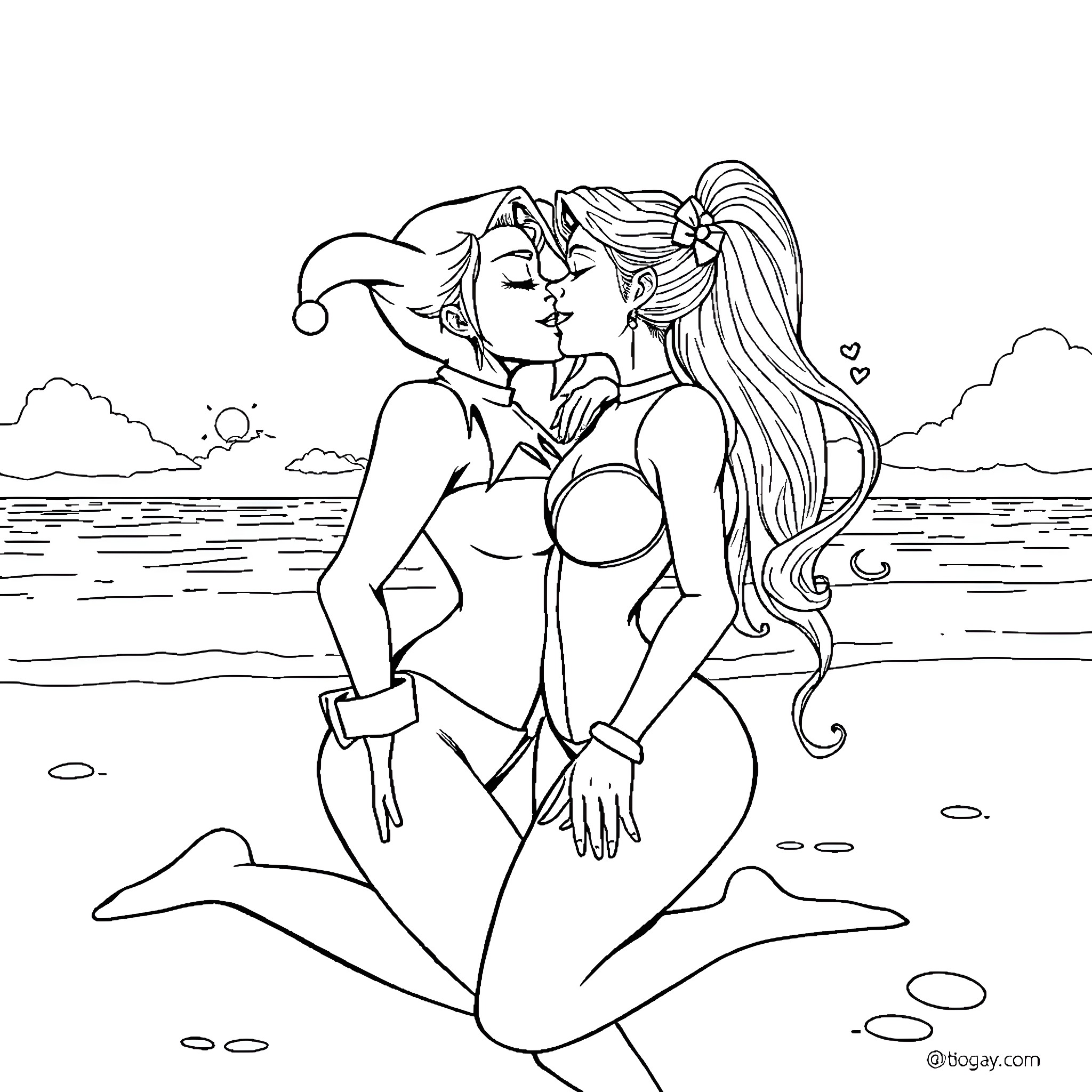 Harley Quinn embracing Poison Ivy on the beach Coloring Page (free black-and-white line drawing printable PDF for all, from beginners to advanced learners, including children, teens, adults, and seniors)