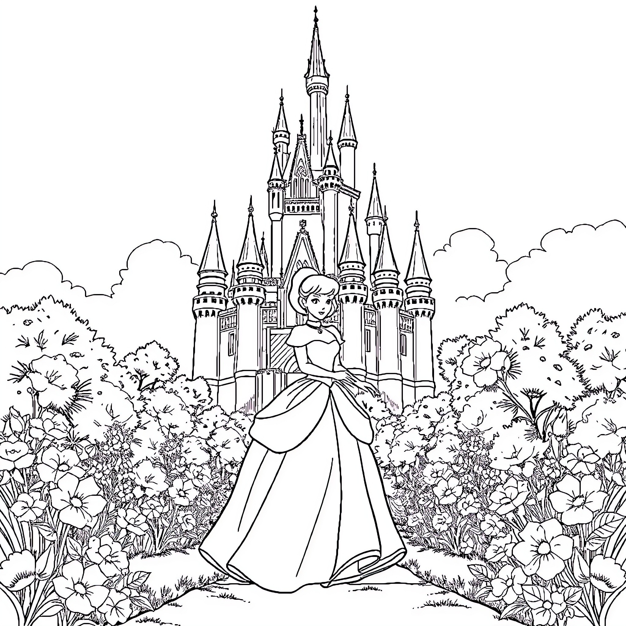 Cinderella in the castle garden Coloring Page (free black-and-white line drawing printable PDF for all, from beginners to advanced learners, including children, teens, adults, and seniors)