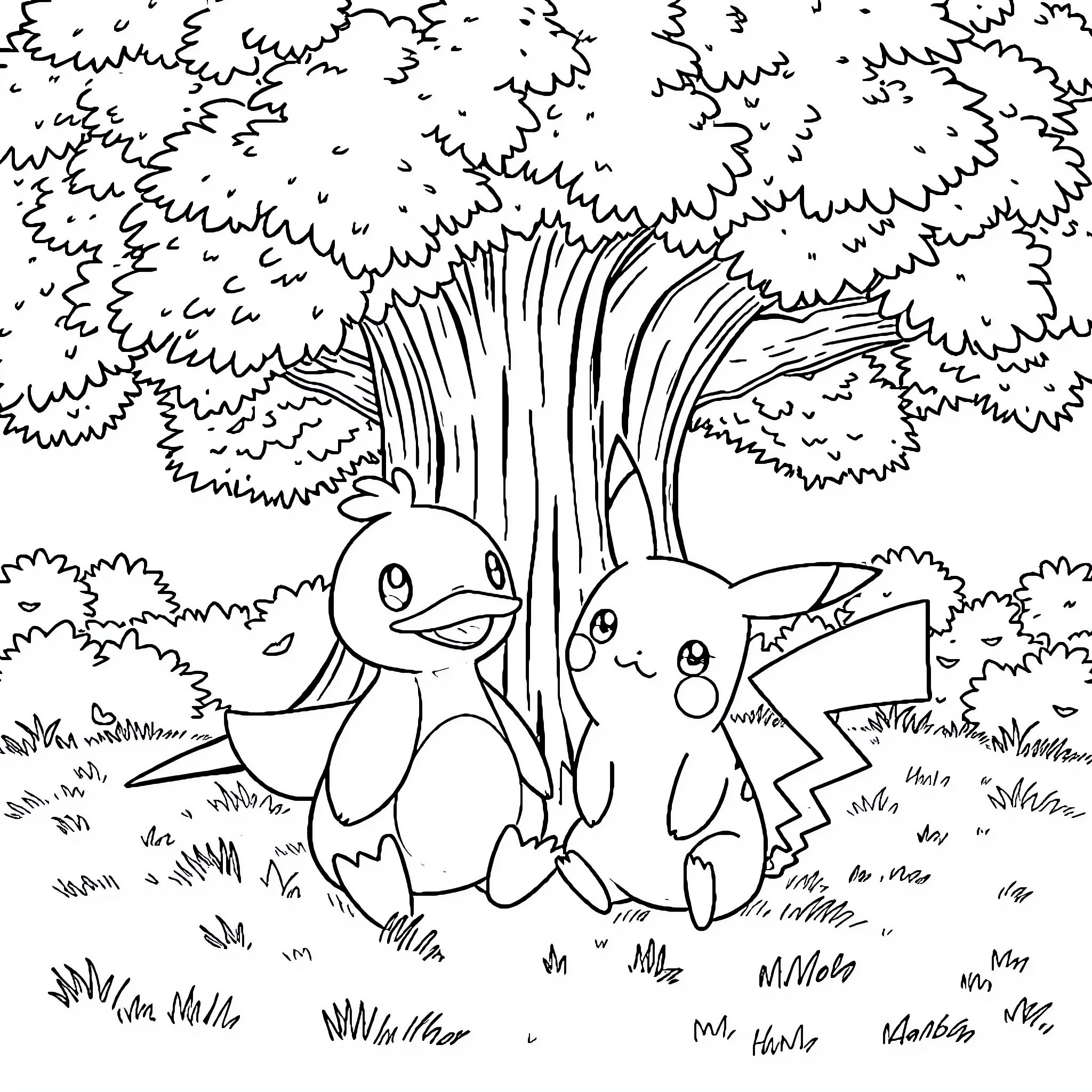 Psyduck characters in a natural setting Coloring Page (free black-and-white line drawing printable PDF for all, from beginners to advanced learners, including children, teens, adults, and seniors)