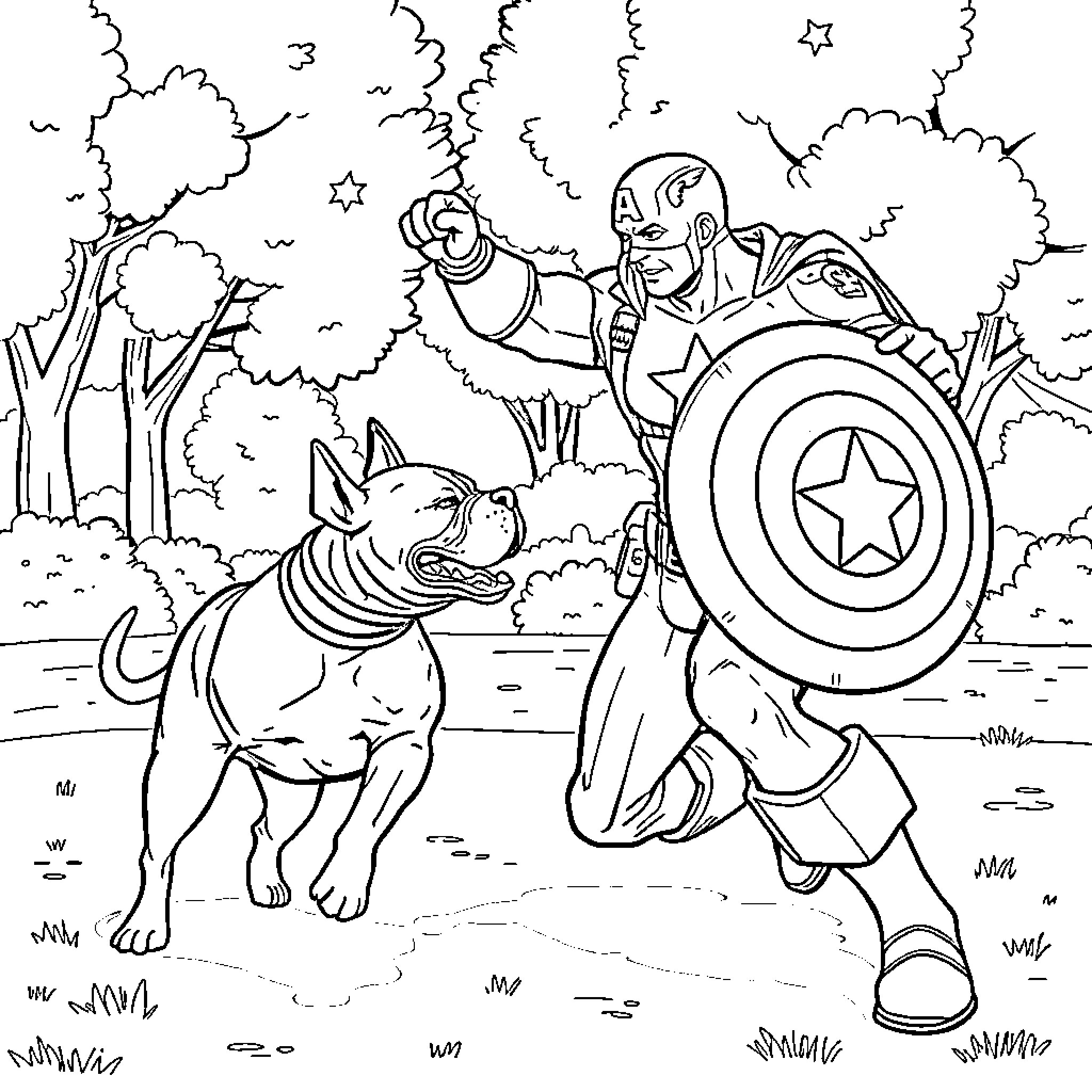 Captain America battles a wolf in the wilderness Coloring Page (free black-and-white line drawing printable PDF for all, from beginners to advanced learners, including children, teens, adults, and seniors)