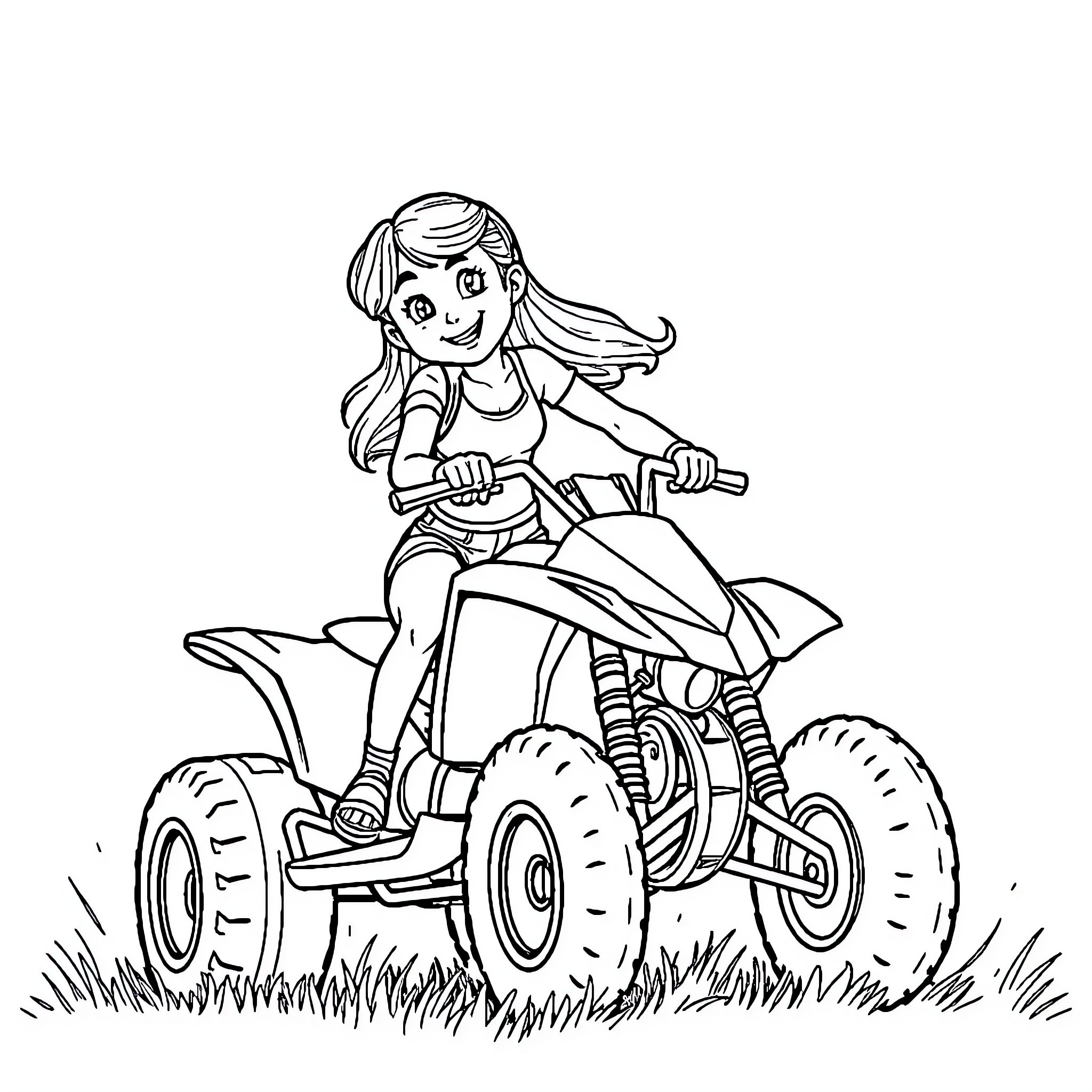 Girl riding an all-terrain vehicle in nature Coloring Page (free black-and-white line drawing printable PDF for all, from beginners to advanced learners, including children, teens, adults, and seniors)