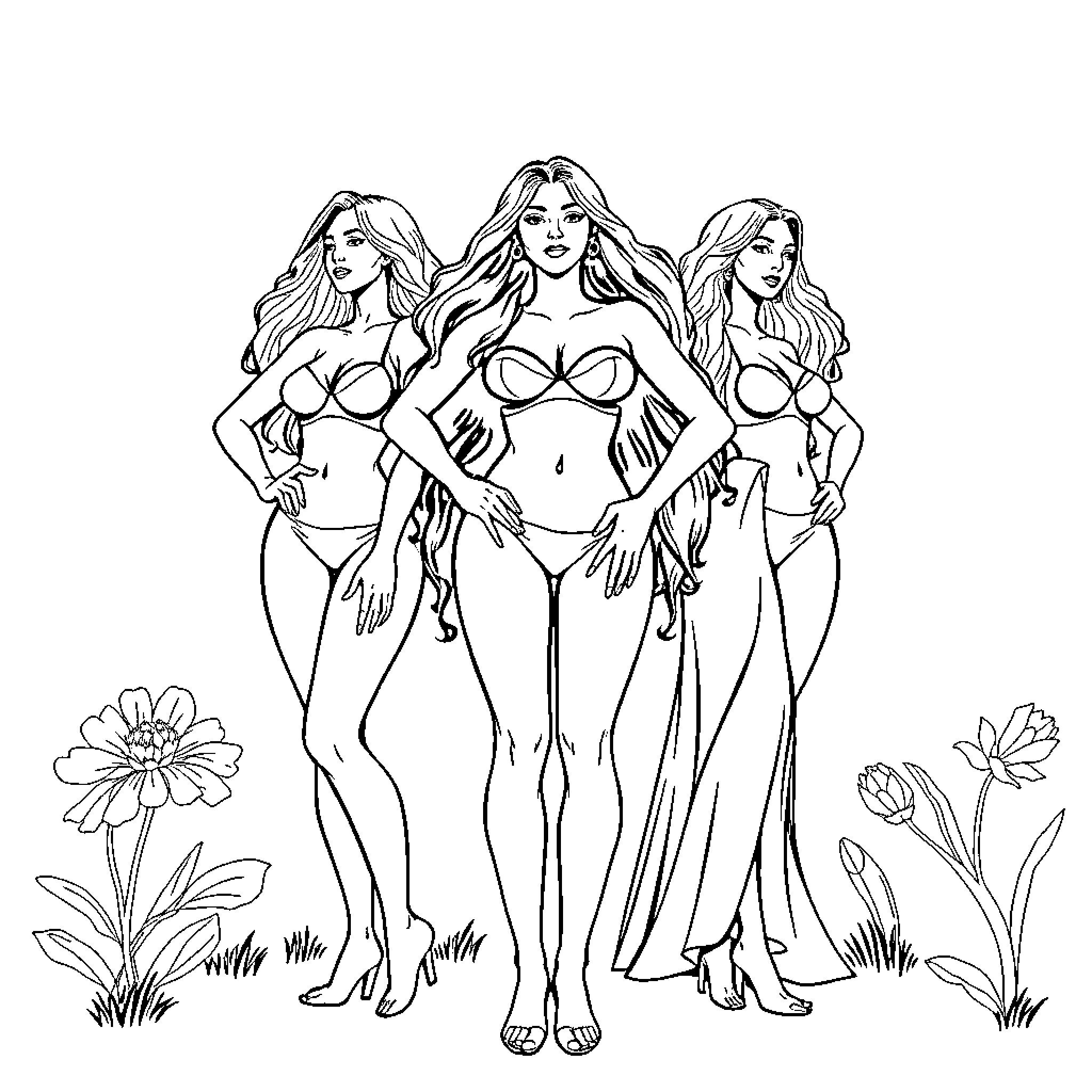 Women in stylish swimwear posing confidently Coloring Page (free black-and-white line drawing printable PDF for all, from beginners to advanced learners, including children, teens, adults, and seniors)