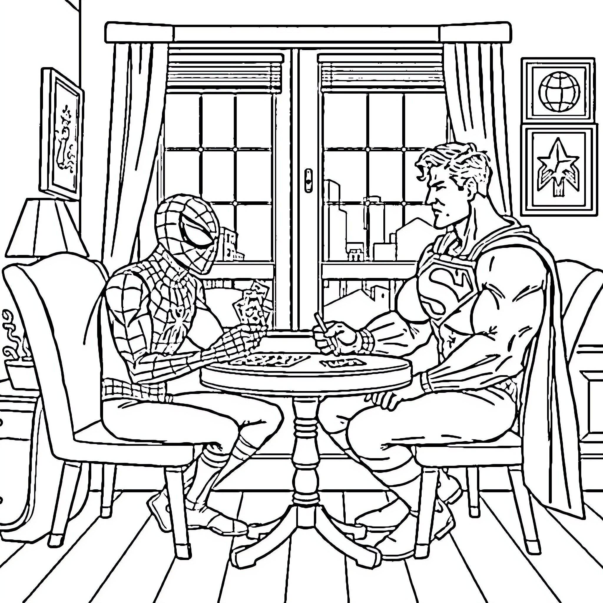 Spiderman enjoying a cozy chat with friends Coloring Page (free black-and-white line drawing printable PDF for all, from beginners to advanced learners, including children, teens, adults, and seniors)
