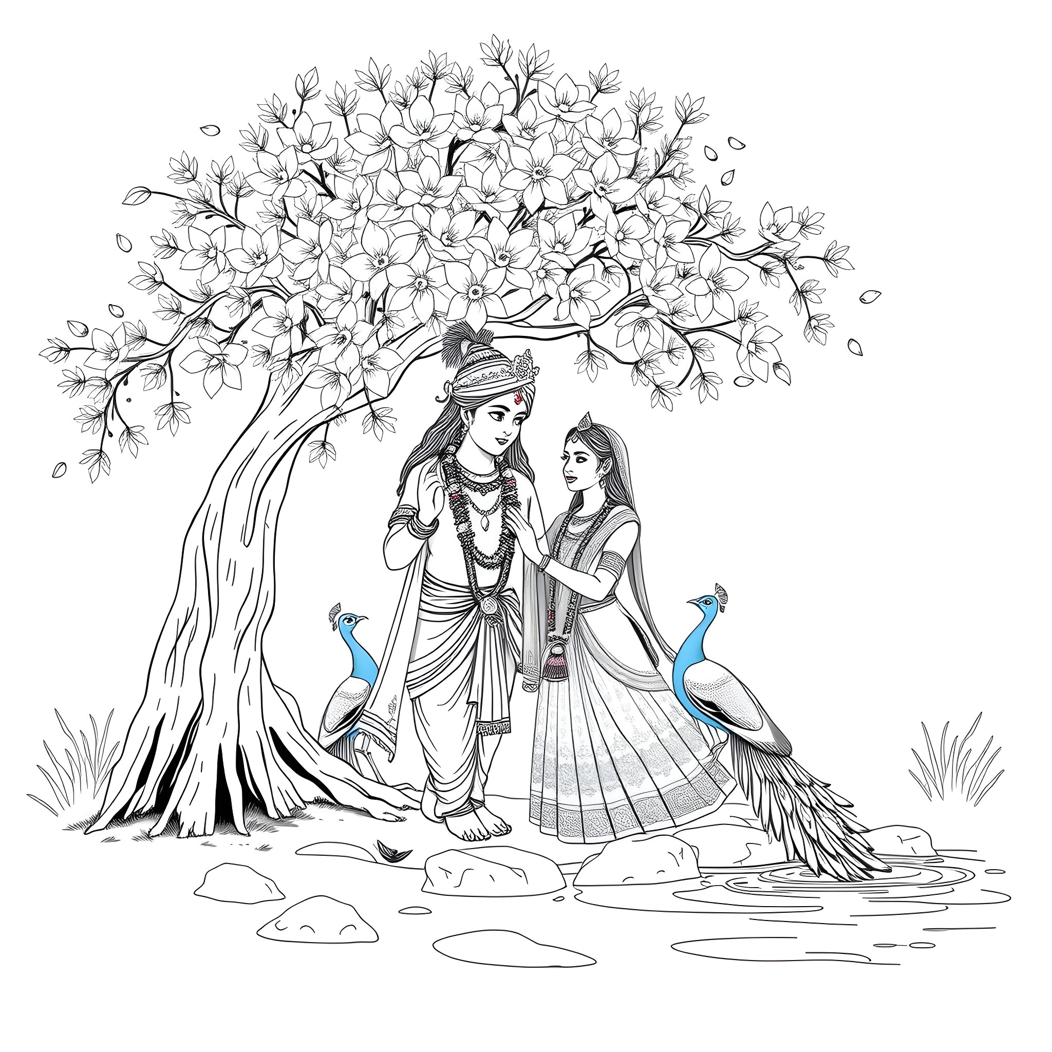 Krishna and Radha under a Flowering Tree Coloring Page (free black-and-white line drawing printable PDF for all, from beginners to advanced learners, including children, teens, adults, and seniors)