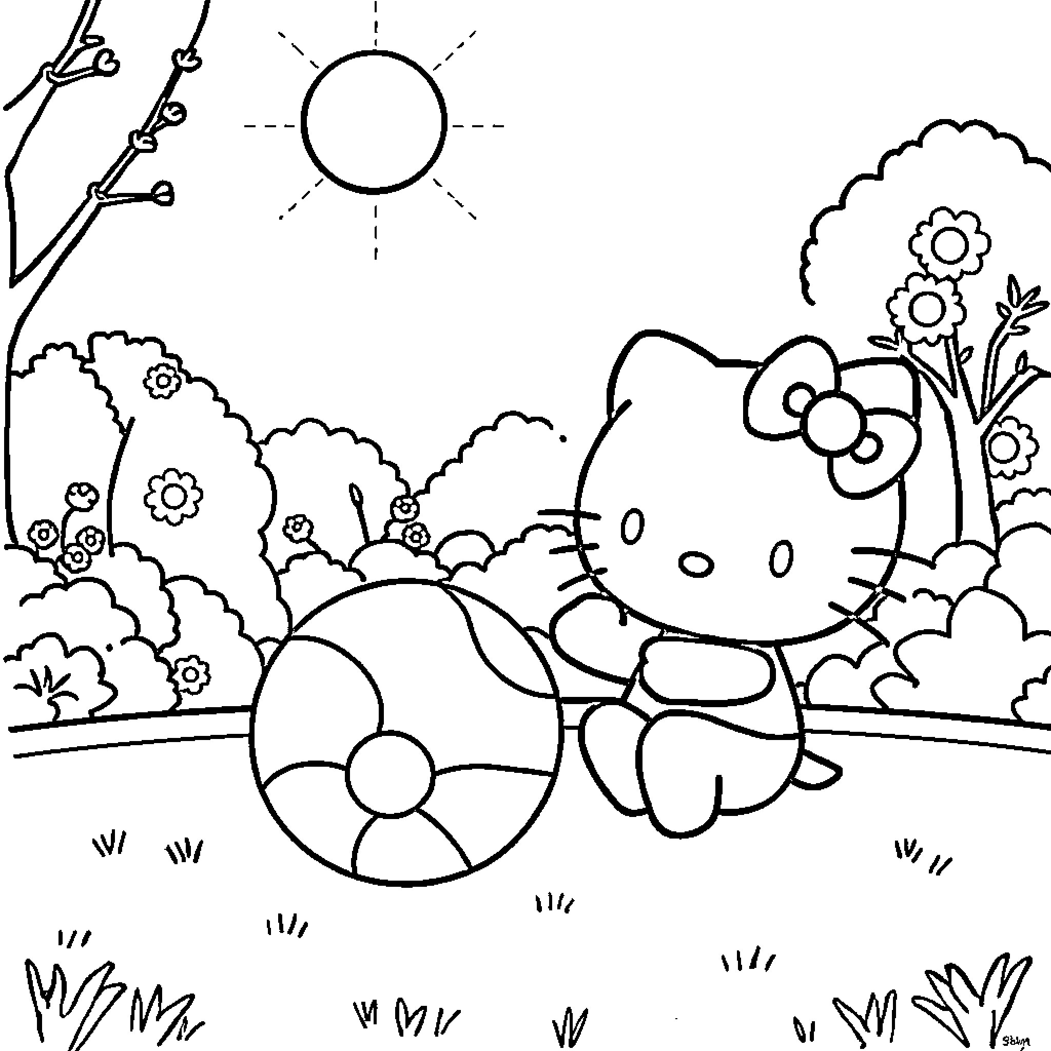 Hello Kitty relaxing in the sunny outdoors Coloring Page (free black-and-white line drawing printable PDF for all, from beginners to advanced learners, including children, teens, adults, and seniors)