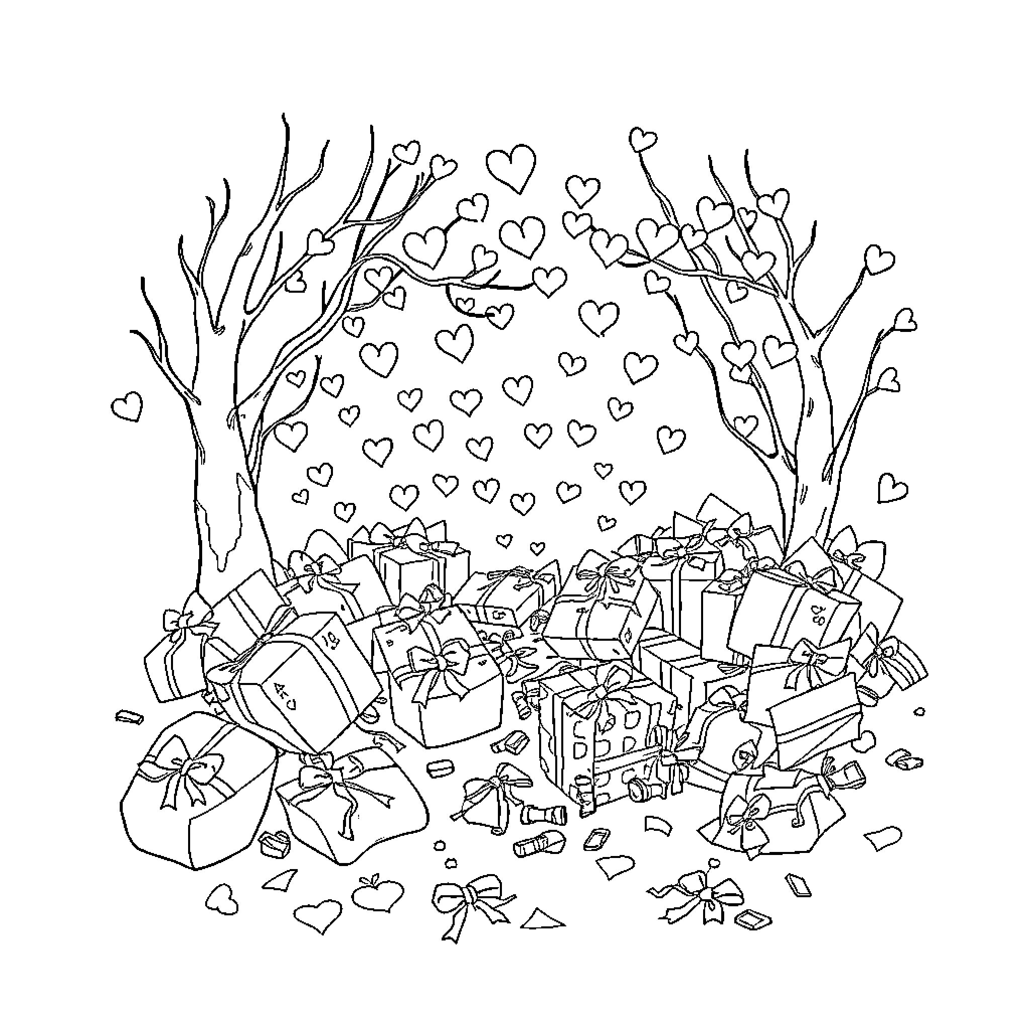 Valentine's Day Gifts and Hearts in the Forest Coloring Page (free black-and-white line drawing printable PDF for all, from beginners to advanced learners, including children, teens, adults, and seniors)