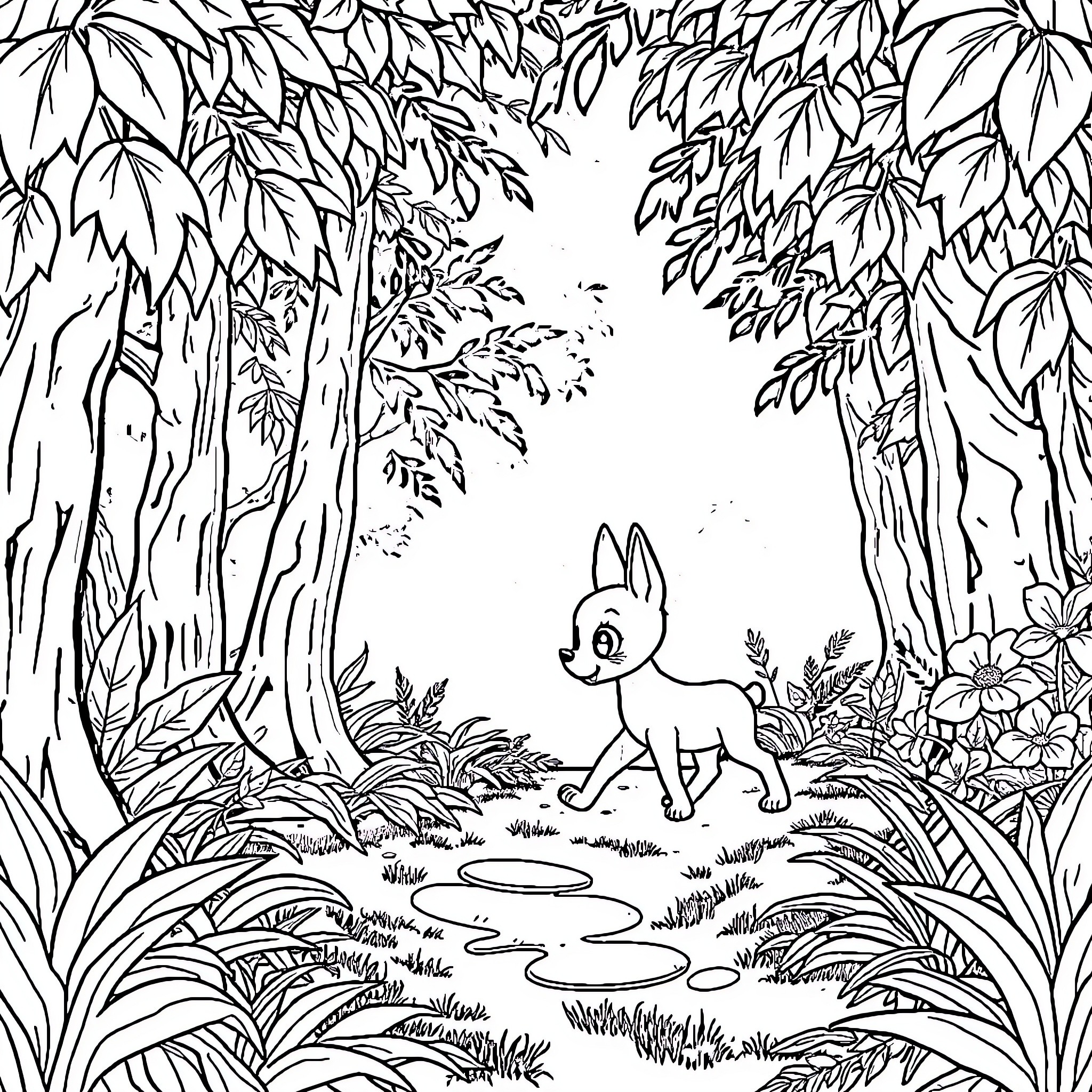 Lilo exploring the lush forest landscape Coloring Page (free black-and-white line drawing printable PDF for all, from beginners to advanced learners, including children, teens, adults, and seniors)