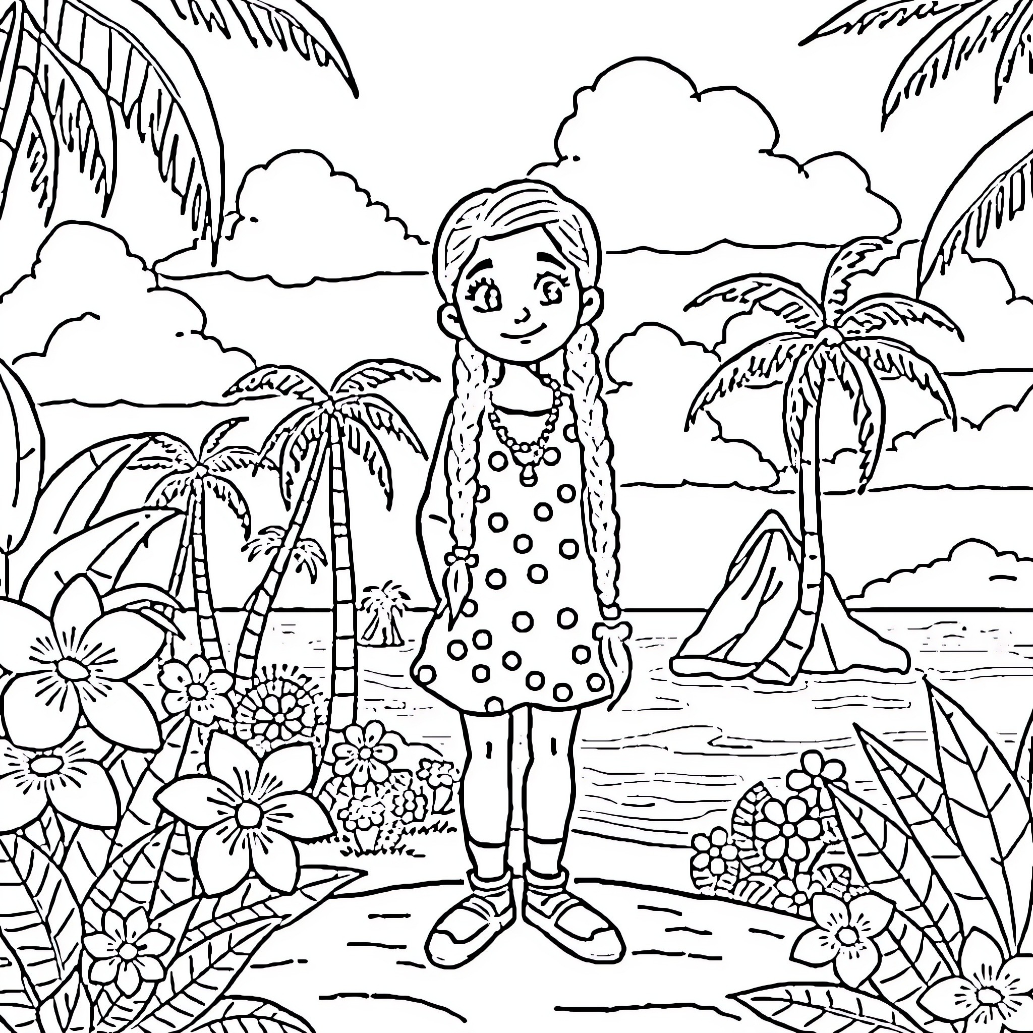 Pippi Longstocking on a tropical island adventure Coloring Page (free black-and-white line drawing printable PDF for all, from beginners to advanced learners, including children, teens, adults, and seniors)