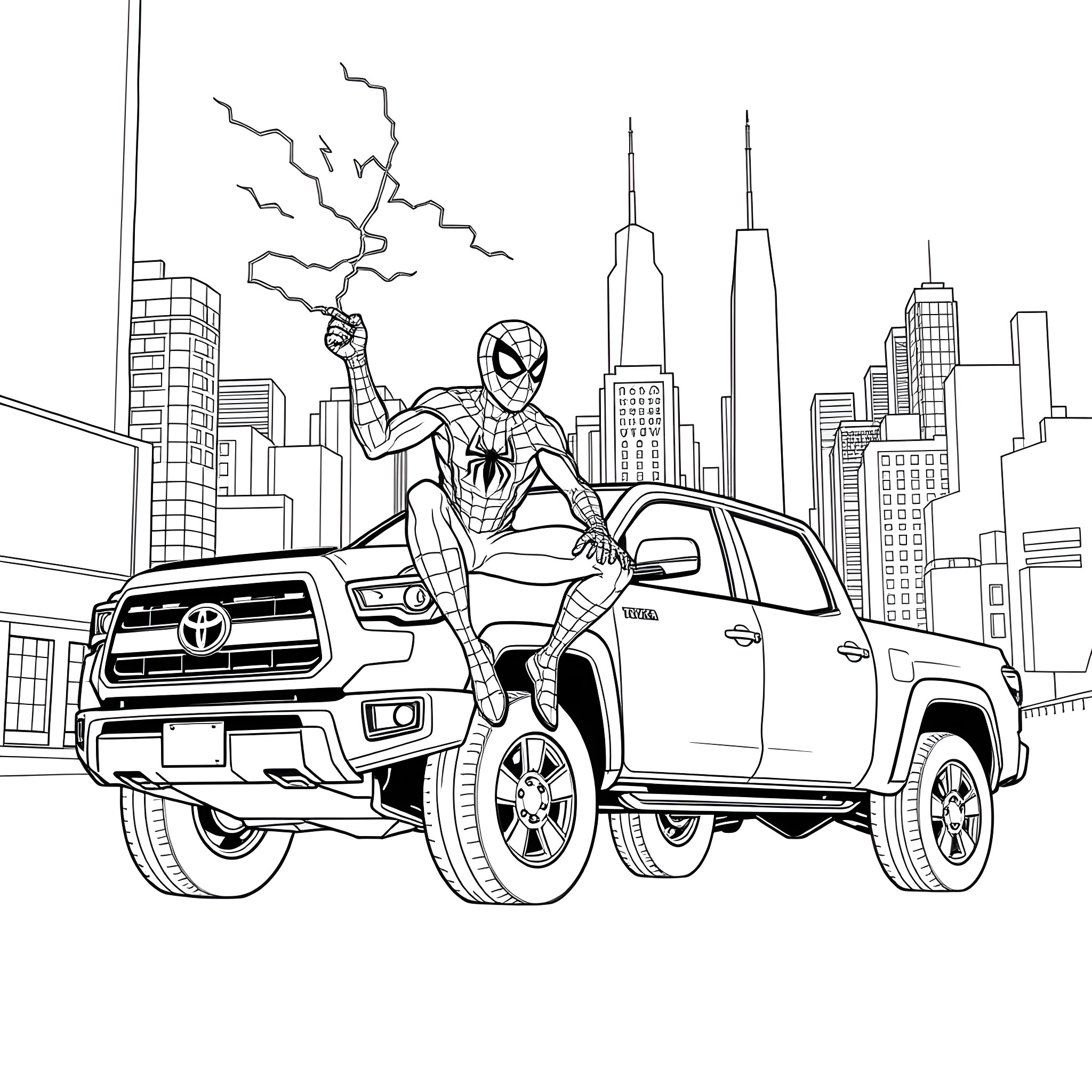 Spiderman on the city streets with truck Coloring Page (free black-and-white line drawing printable PDF for all, from beginners to advanced learners, including children, teens, adults, and seniors)