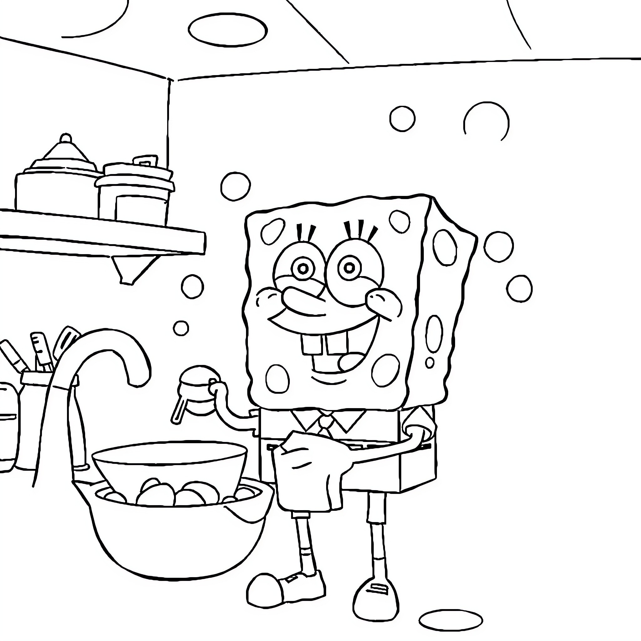 Spongebob happily cooking in his underwater kitchen Coloring Page (free black-and-white line drawing printable PDF for all, from beginners to advanced learners, including children, teens, adults, and seniors)