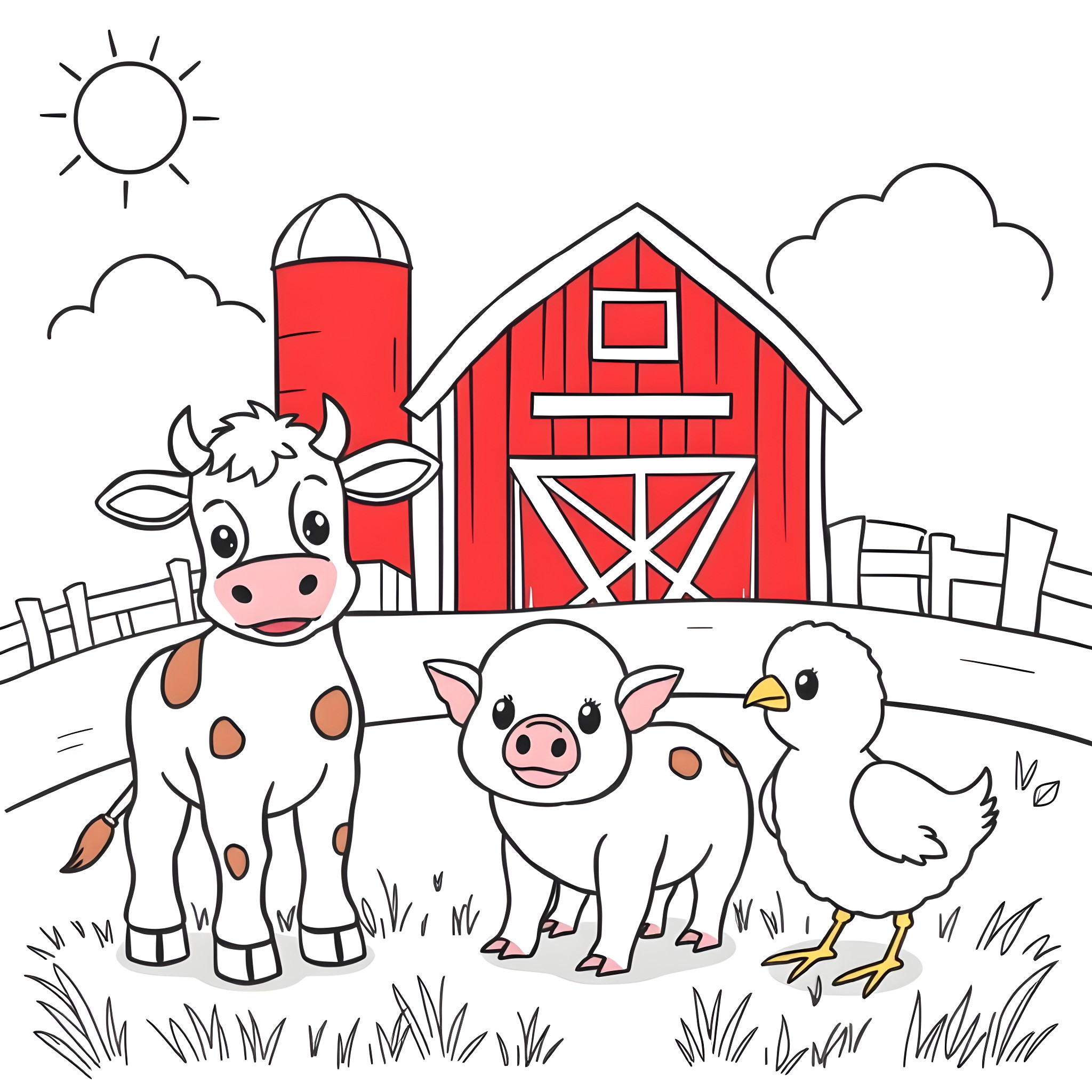 Baby Farm Animal Playing on a Farm Coloring Page (free black-and-white line drawing printable PDF for all, from beginners to advanced learners, including children, teens, adults, and seniors)