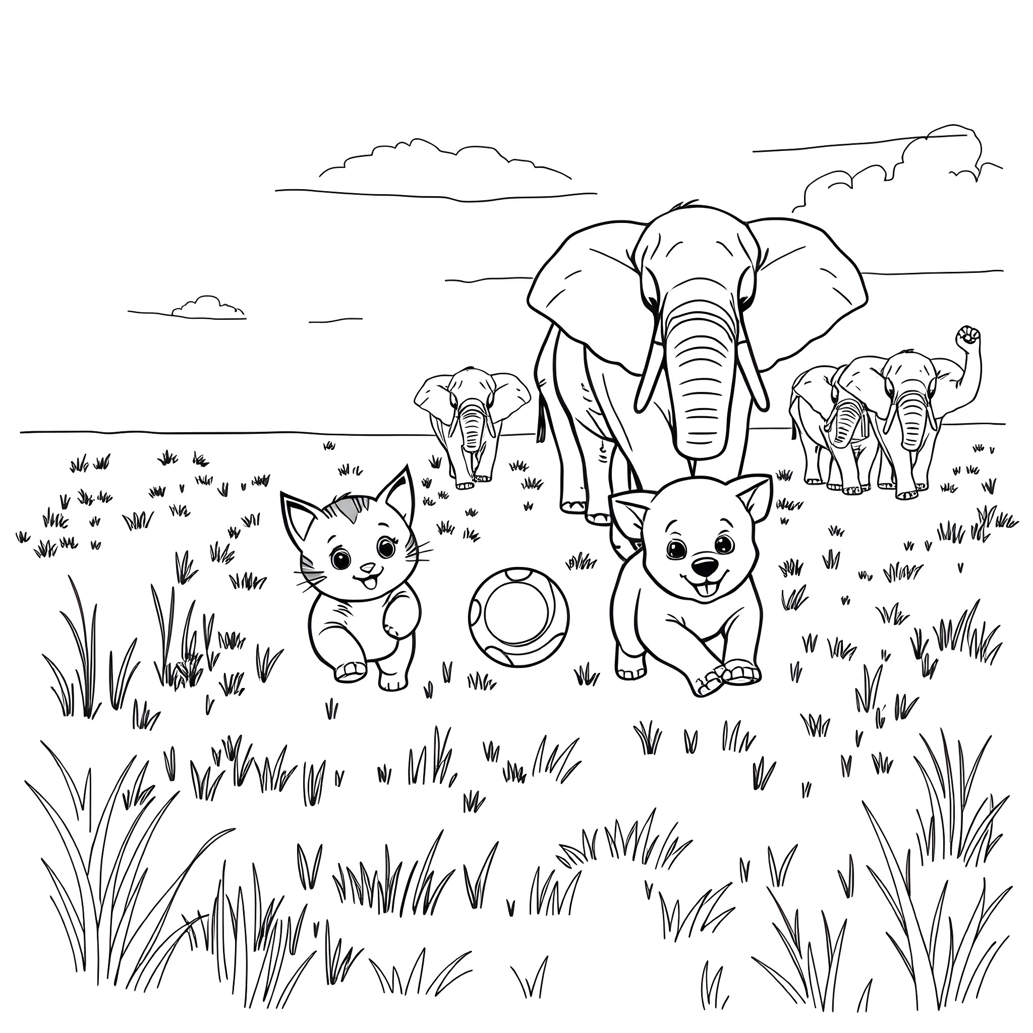 Kittens playing in the savanna with elephants Coloring Page (free black-and-white line drawing printable PDF for all, from beginners to advanced learners, including children, teens, adults, and seniors)