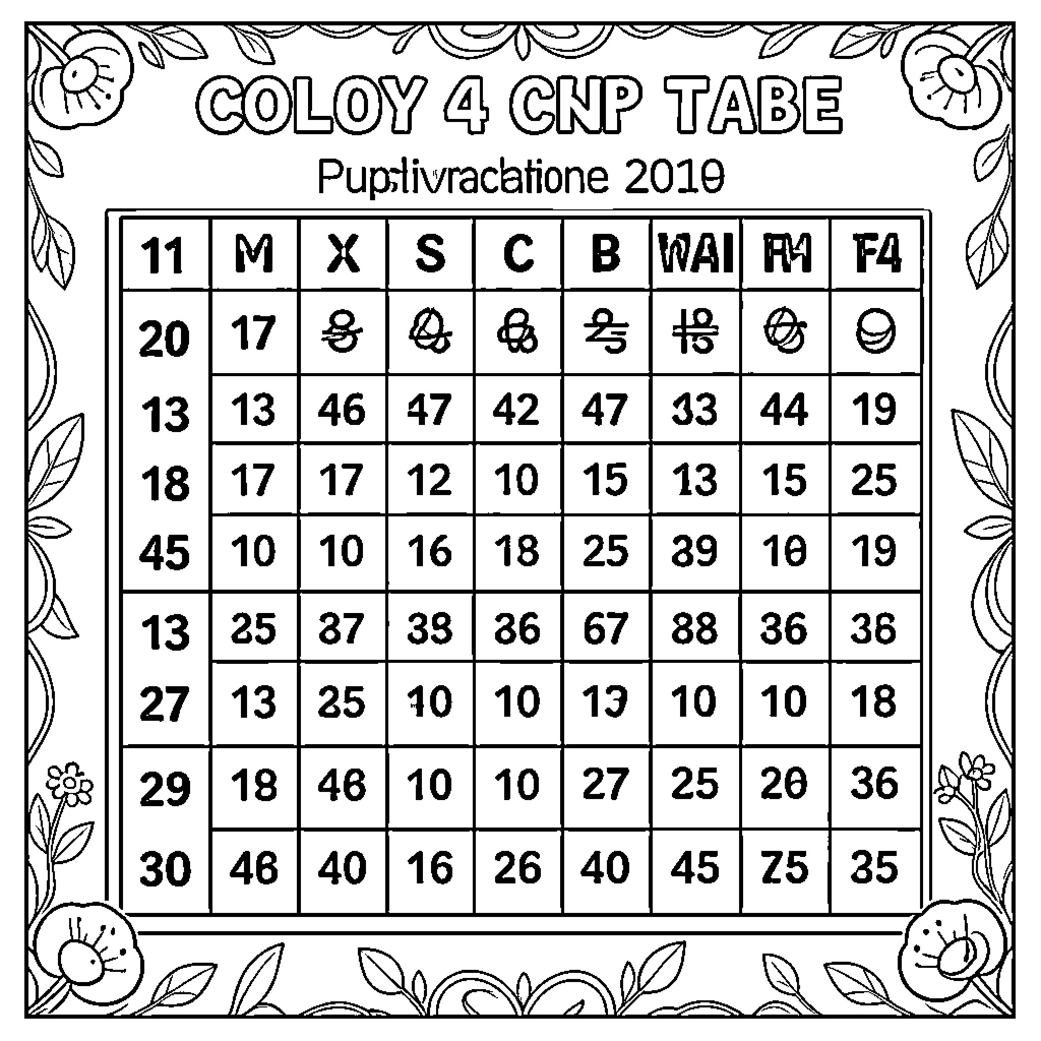 Multiplication Table with Decorative Floral Border Coloring Page (free black-and-white line drawing printable PDF for all, from beginners to advanced learners, including children, teens, adults, and seniors)