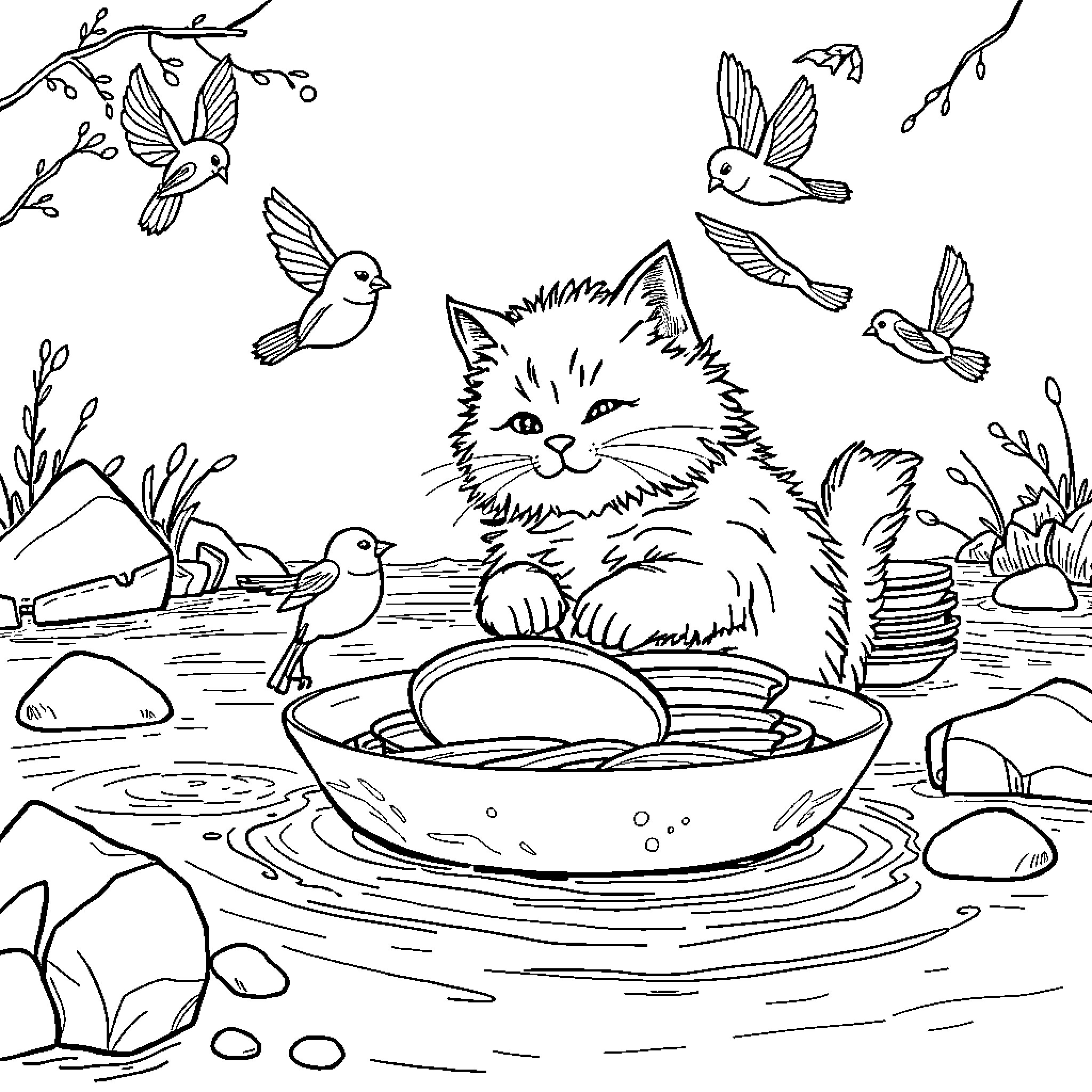 Cat enjoying bird bath on a spring day Coloring Page (free black-and-white line drawing printable PDF for all, from beginners to advanced learners, including children, teens, adults, and seniors)