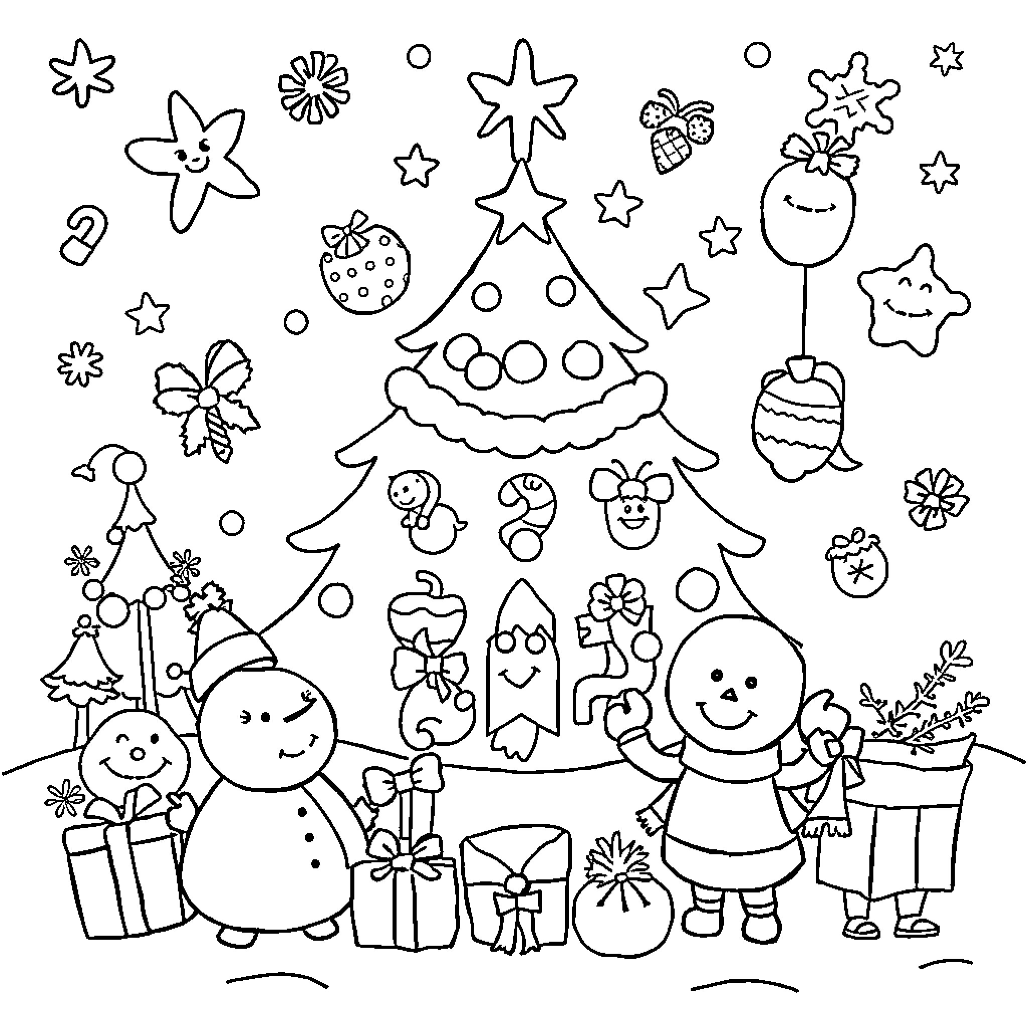 Christmas with Cheerful Characters and Holiday Decorations Coloring Page (free black-and-white line drawing printable PDF for all, from beginners to advanced learners, including children, teens, adults, and seniors)