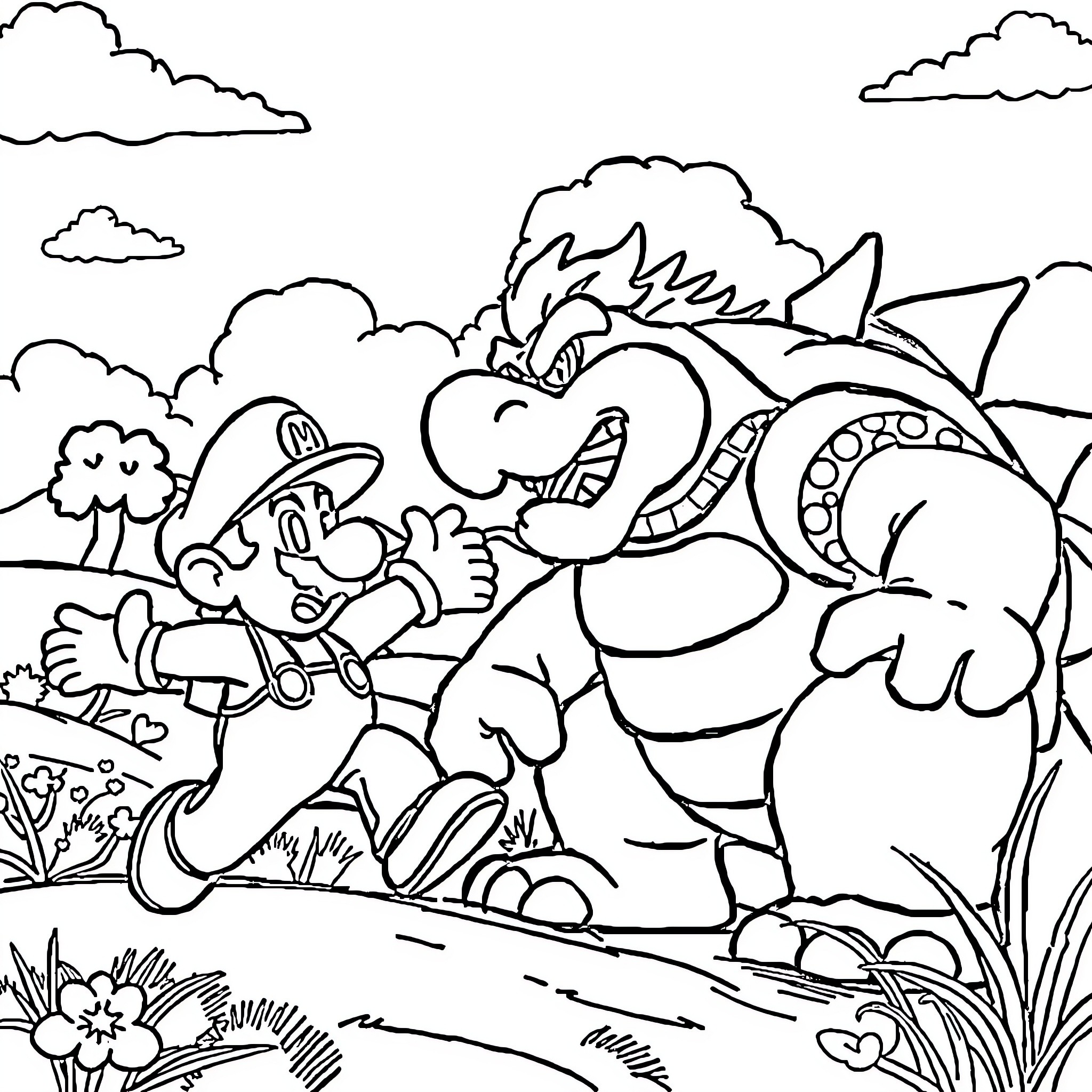 Mario's Adventure with Ferocious Foe in the Outdoors Coloring Page (free black-and-white line drawing printable PDF for all, from beginners to advanced learners, including children, teens, adults, and seniors)