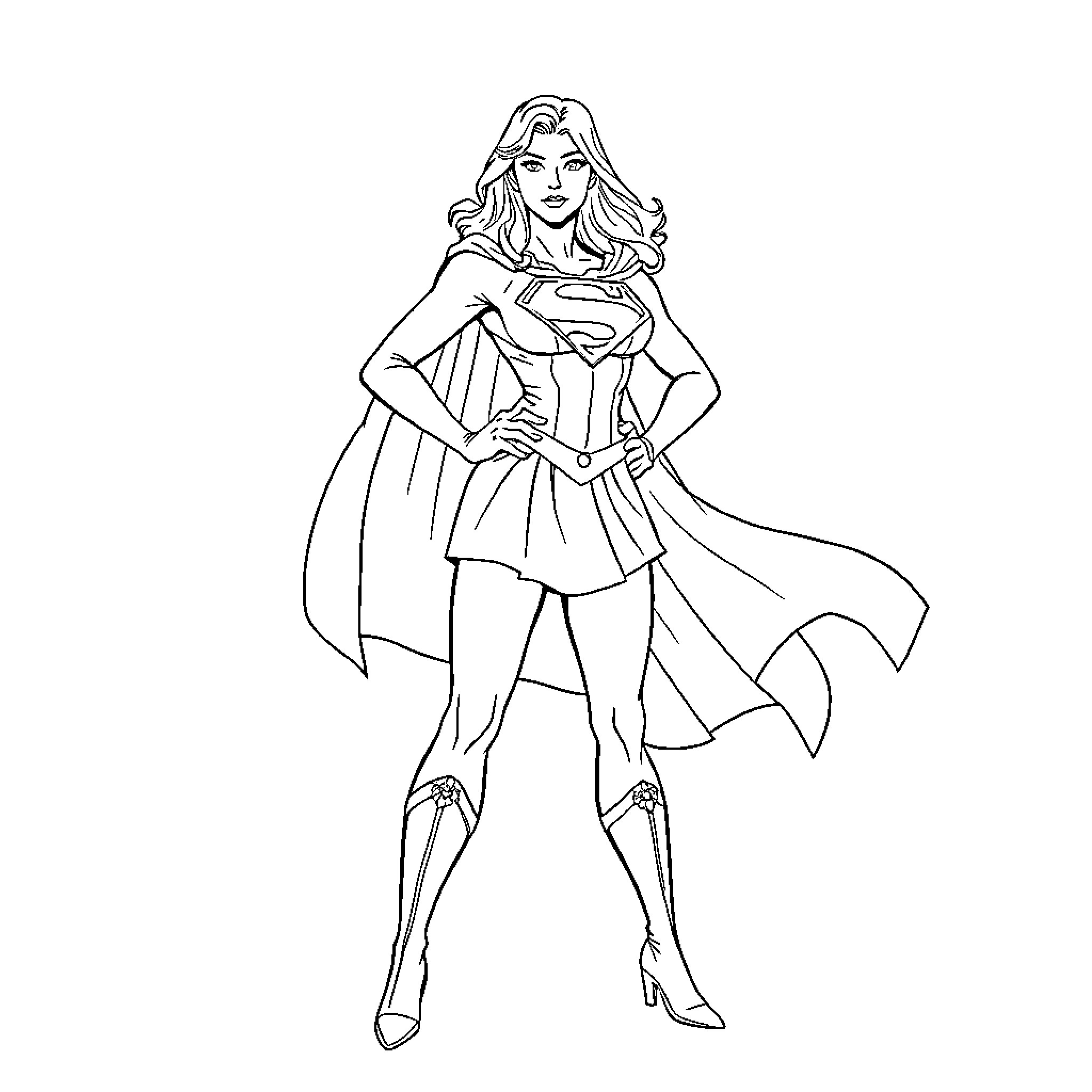 Super Girl in Heroic Pose with Flowing Cape Coloring Page (free black-and-white line drawing printable PDF for all, from beginners to advanced learners, including children, teens, adults, and seniors)