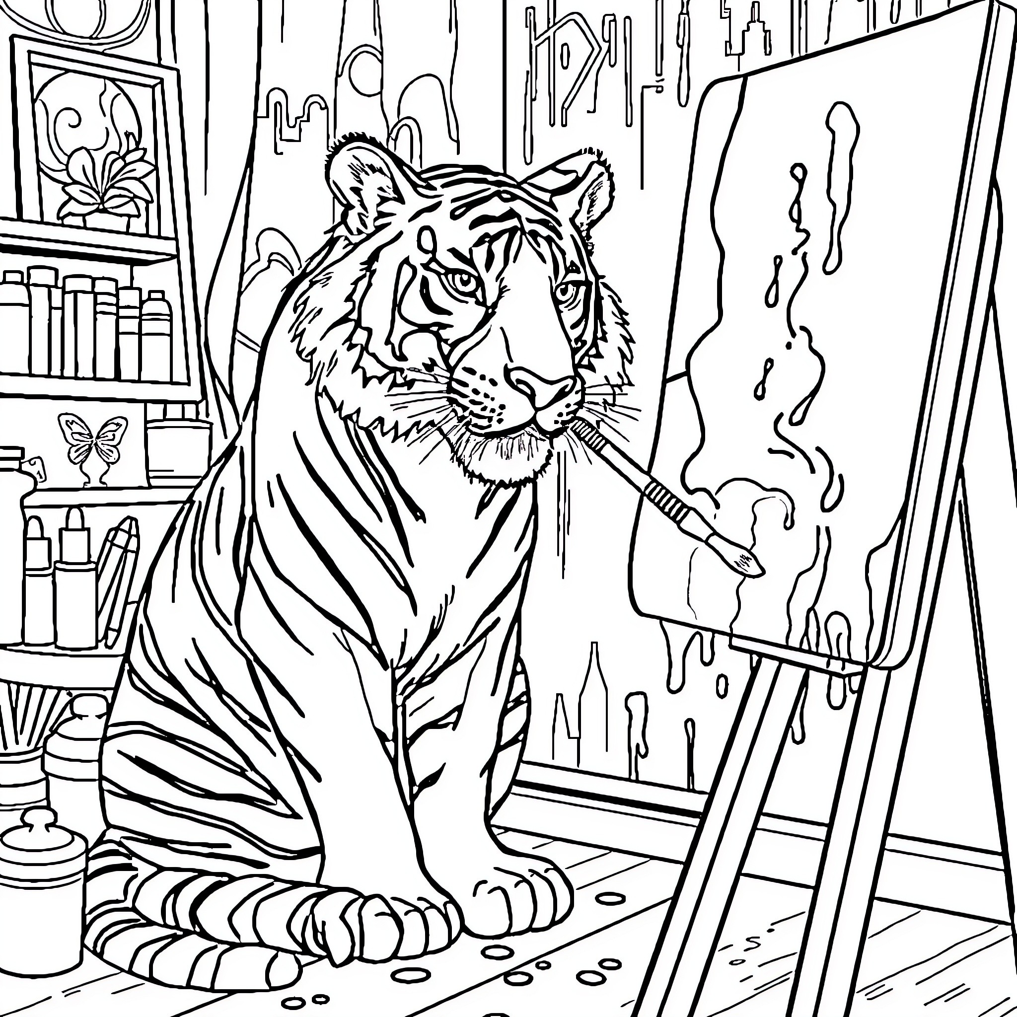 Tiger Artist Creating a Masterpiece Coloring Page (free black-and-white line drawing printable PDF for all, from beginners to advanced learners, including children, teens, adults, and seniors)