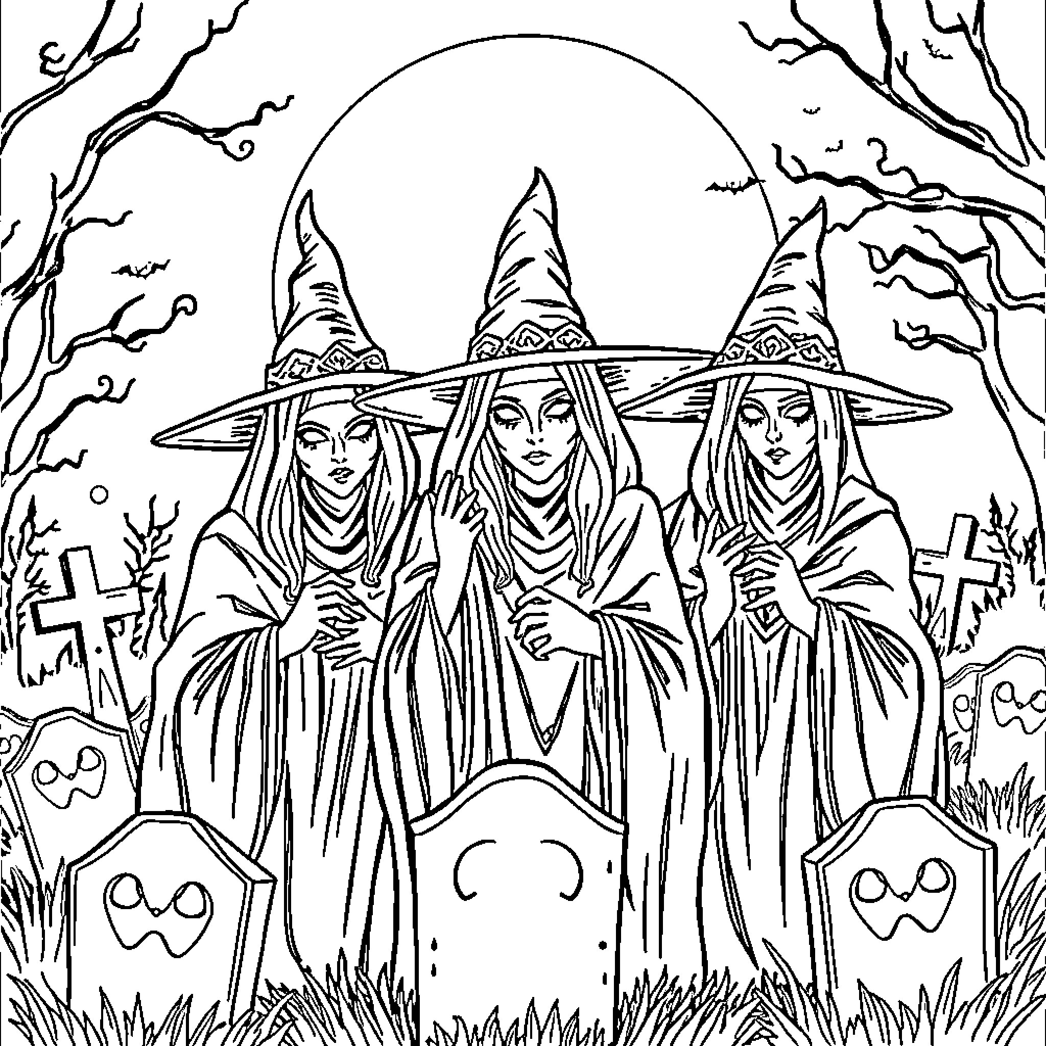 Sanderson Sisters in Haunting Attire on All Hallows' Eve Coloring Page (free black-and-white line drawing printable PDF for all, from beginners to advanced learners, including children, teens, adults, and seniors)