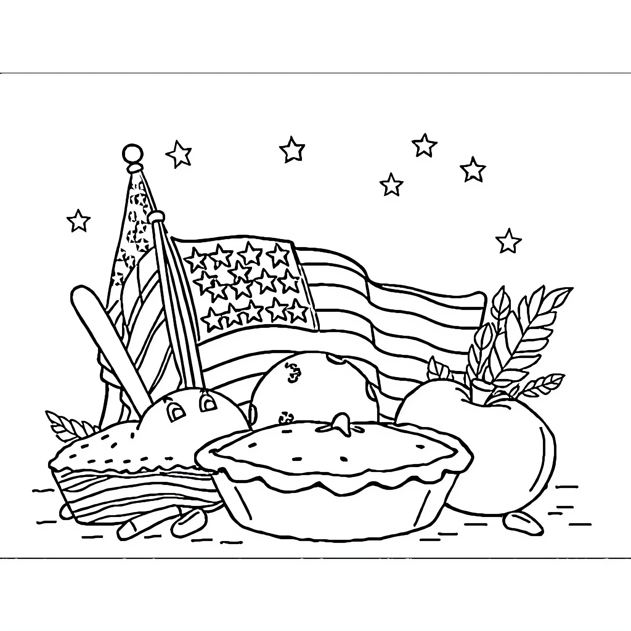 America Celebrates with Patriotic Imagery Coloring Page (free black-and-white line drawing printable PDF for all, from beginners to advanced learners, including children, teens, adults, and seniors)