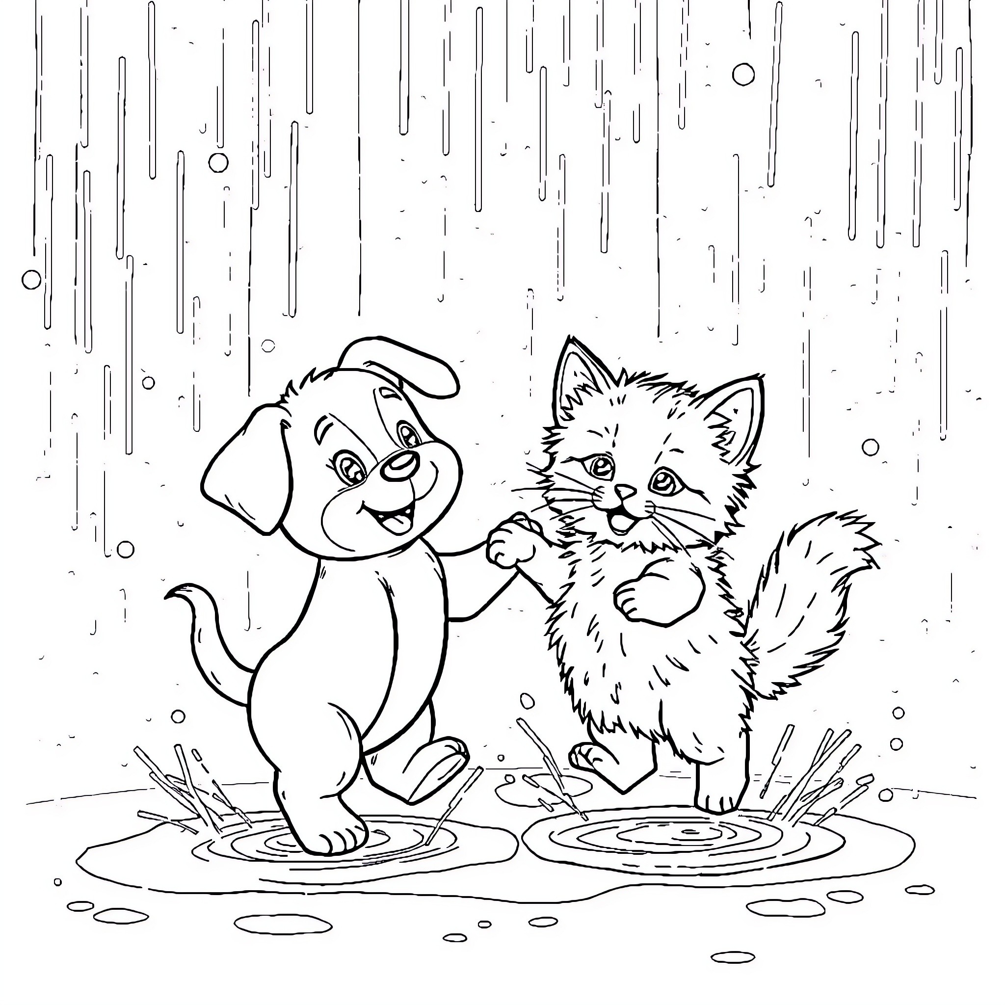 Puppy and kitten playing in the rain Coloring Page (free black-and-white line drawing printable PDF for all, from beginners to advanced learners, including children, teens, adults, and seniors)
