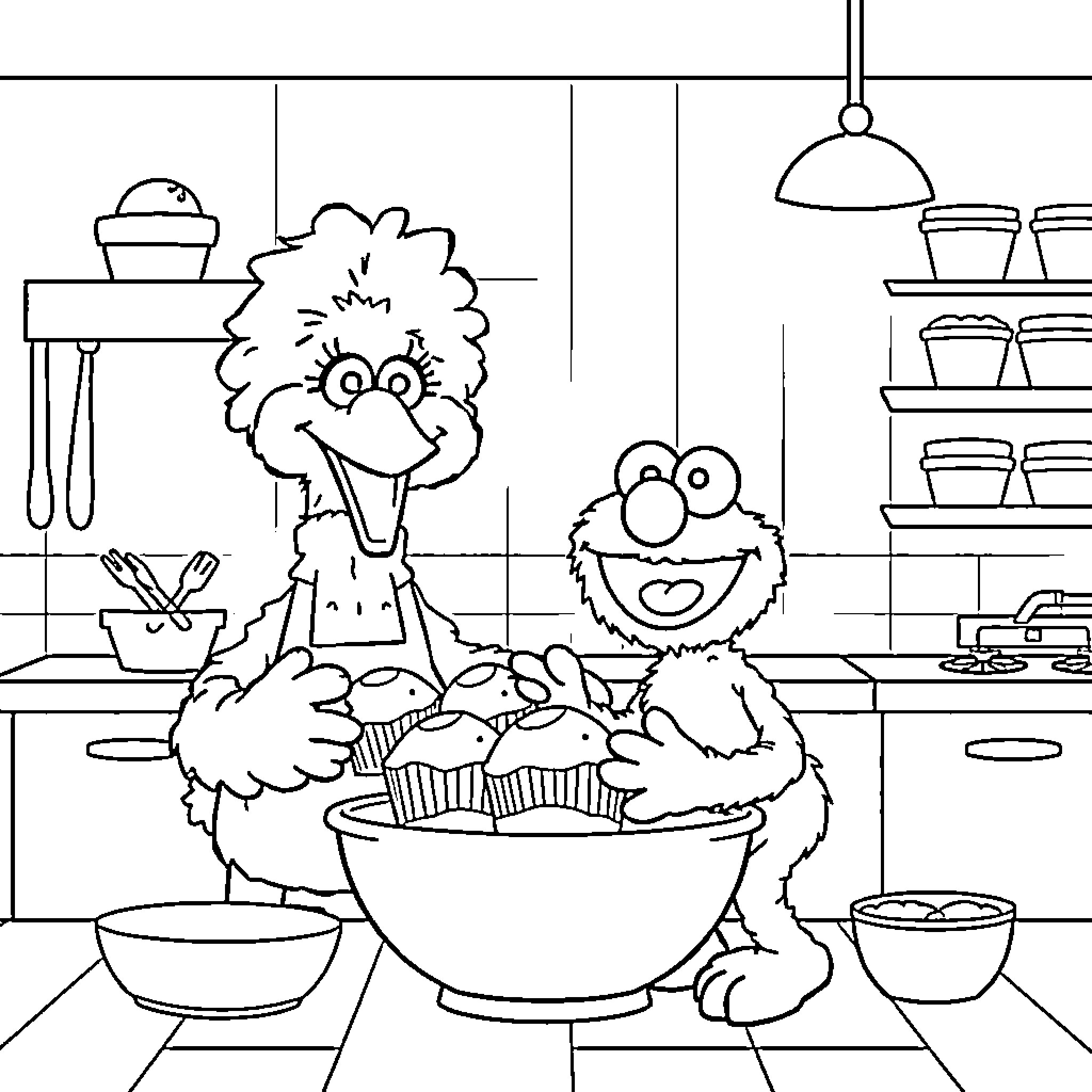 Birds baking together in the kitchen Coloring Page (free black-and-white line drawing printable PDF for all, from beginners to advanced learners, including children, teens, adults, and seniors)